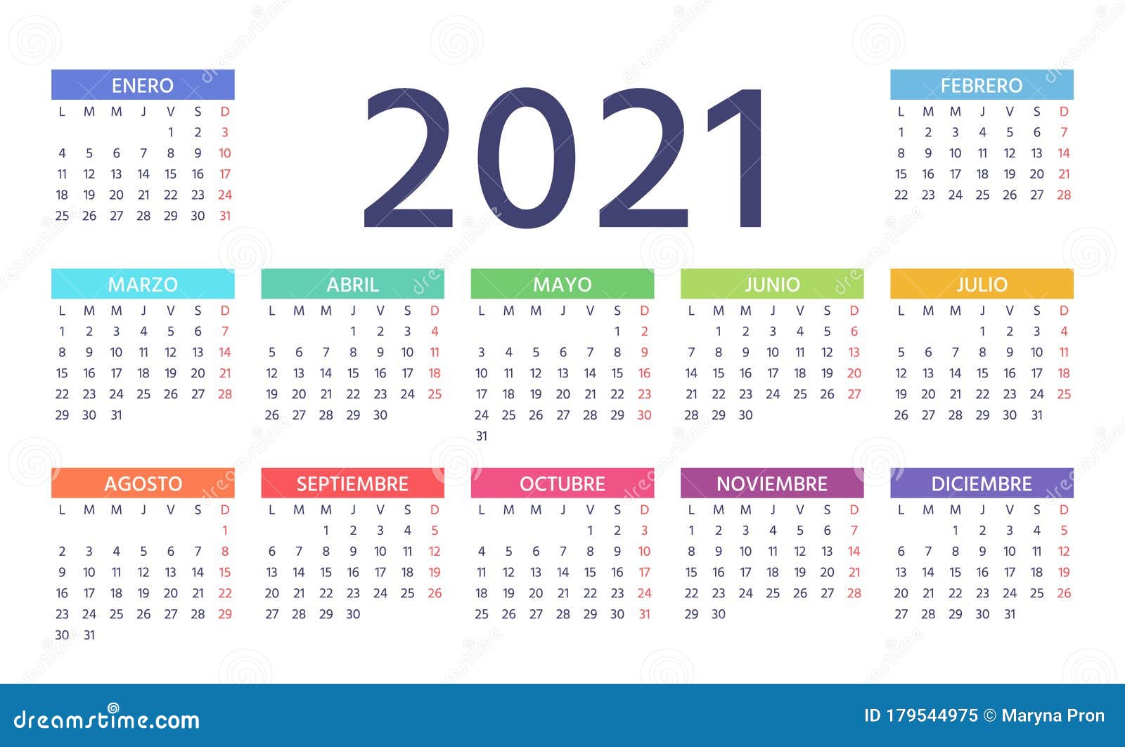 2021 Spanish Calendar. Vector Illustration. Color Template Year Planner