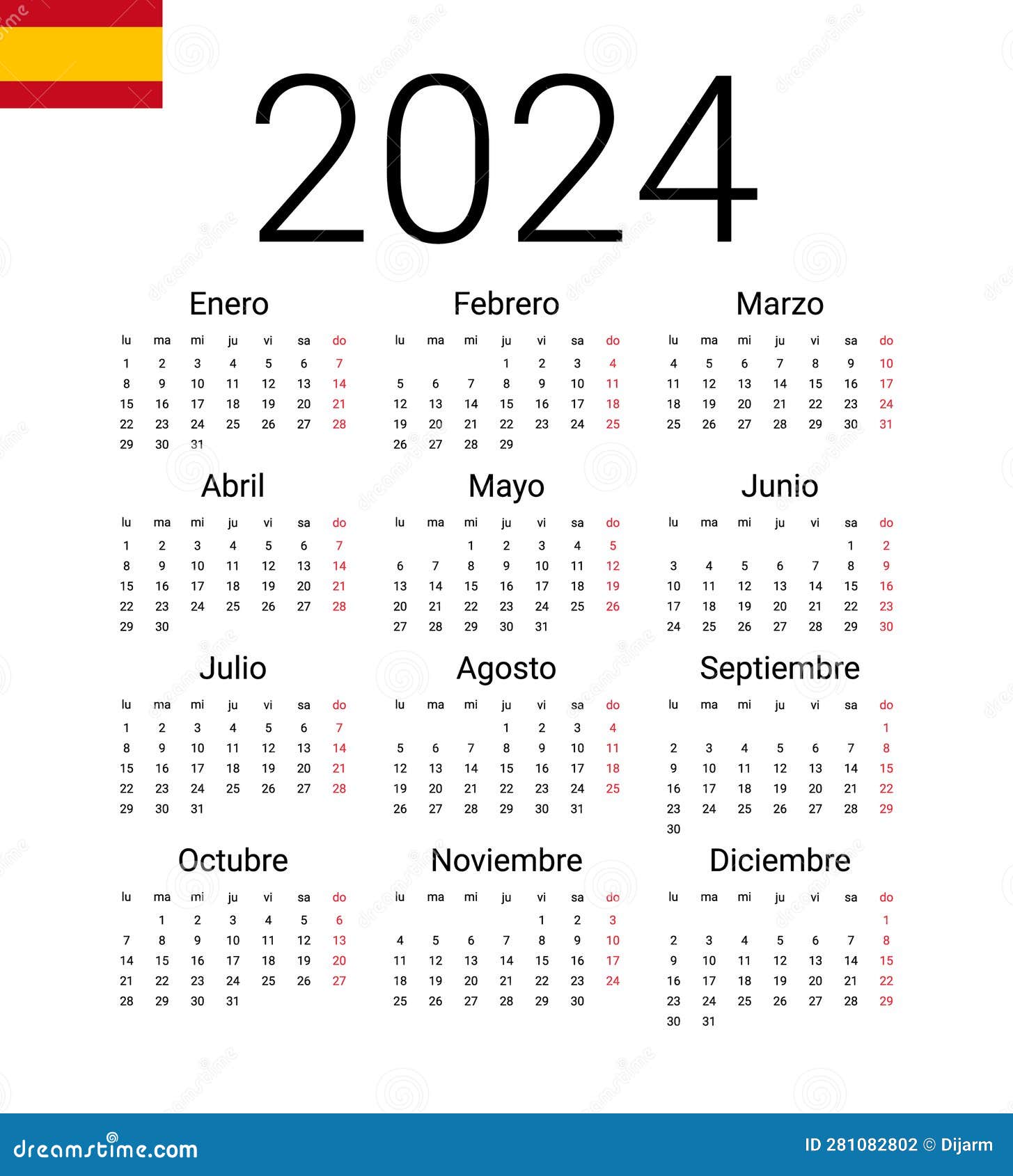 Spanish 2024 Calendar. Vector Design Template Start from Monday. Full  Months for Wall Calendar Stock Vector - Illustration of month, june:  281082802