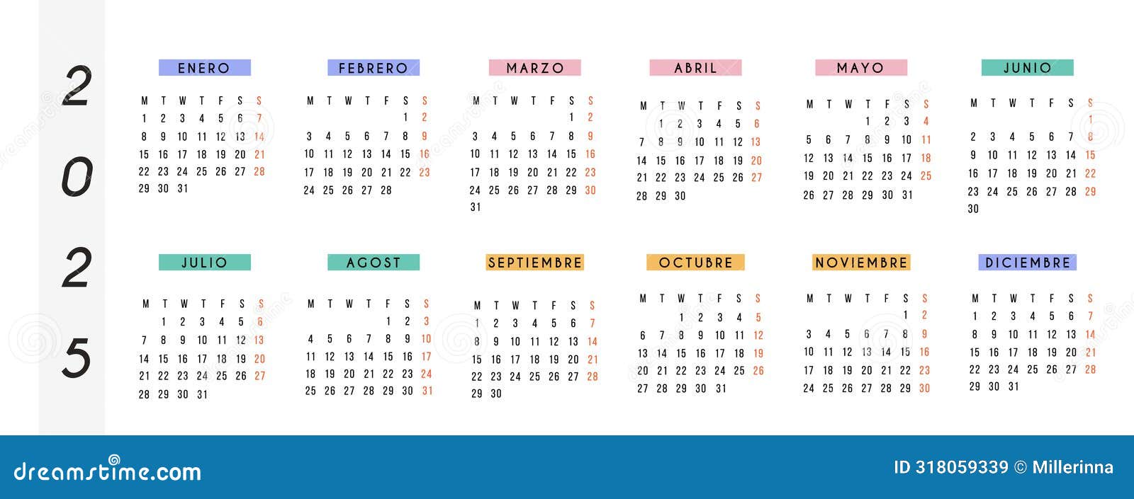 Spanish Calendar 2025 Year. Vector Stationery Horizontal Calendar Week Starts Monday. Yearly