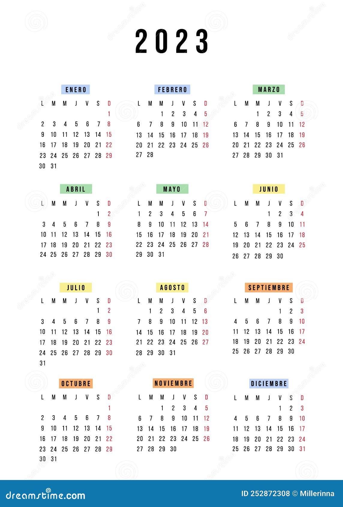 Spanish Calendar 2023 Year. Vector Stationery Calendar Week Starts
