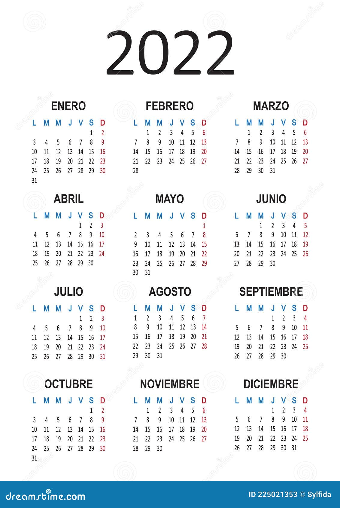 spanish calendar 2022 year. week starts from monday. 