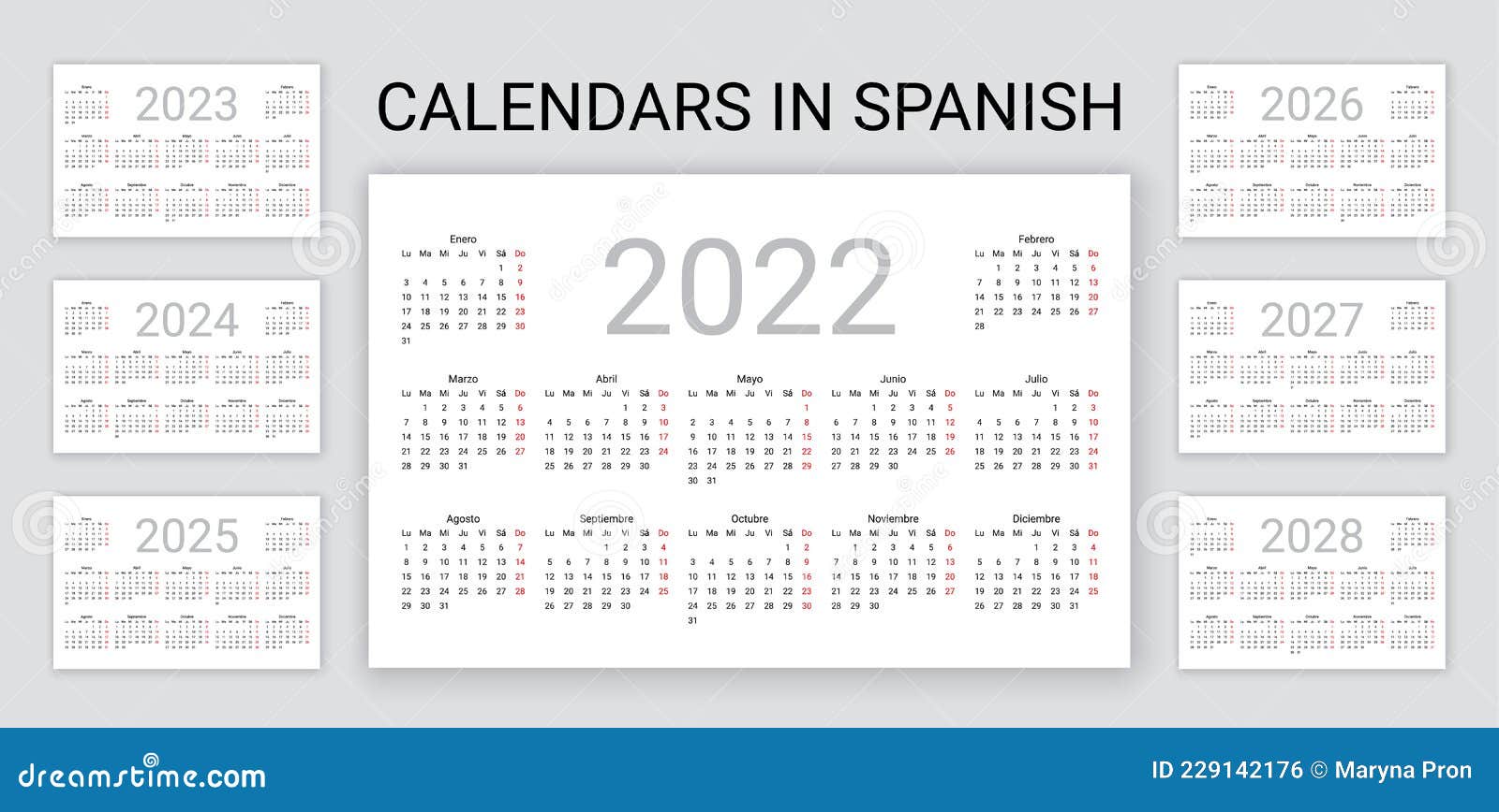 spanish calendar 2022, 2023, 2024, 2025, 2026, 2027, 2028 years. simple pocket template.  