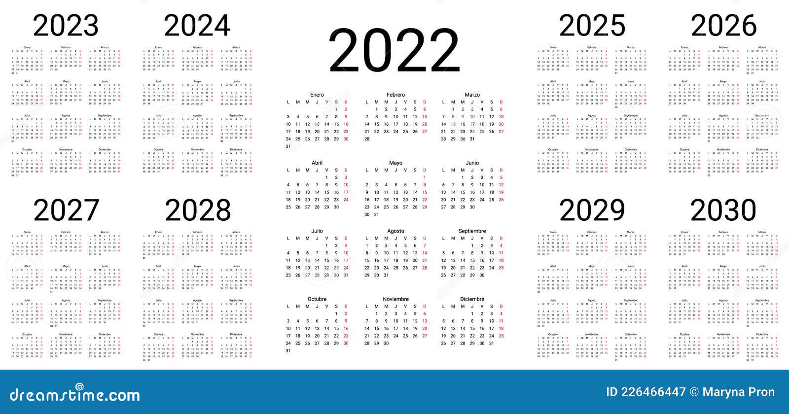 spanish-calendar-2022-2023-2024-2025-2026-2027-2028-2029-2030-years-simple-pocket