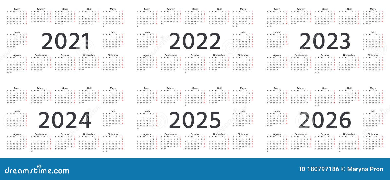 Spanish Calendar 2021, 2022, 2023, 2024, 2025, 2026 Years ...
