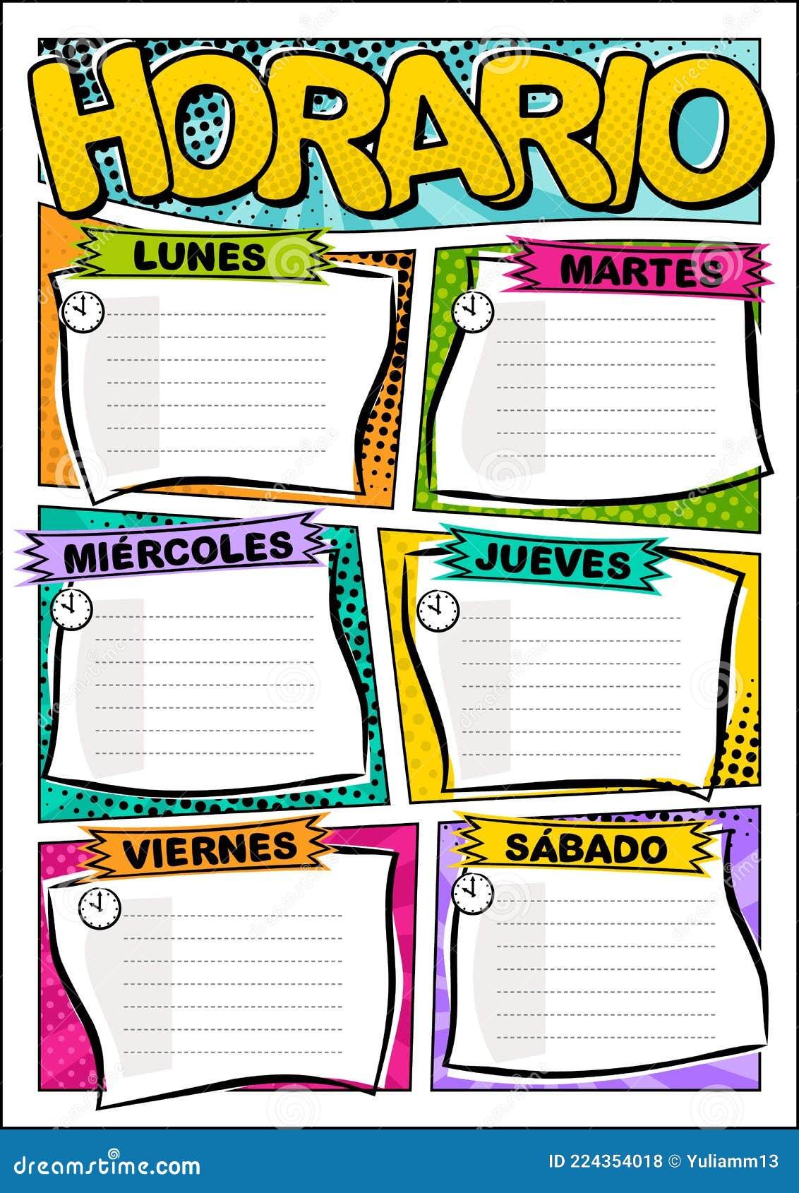 Spanish Comic template of a school schedule for 5 days of the week. Cartoon  Blank for a list of school subjects. Transaltion: Timetable, Monday,  Tuesday, Wednesday, Thursday, Friday. Vector popart Stock Vector