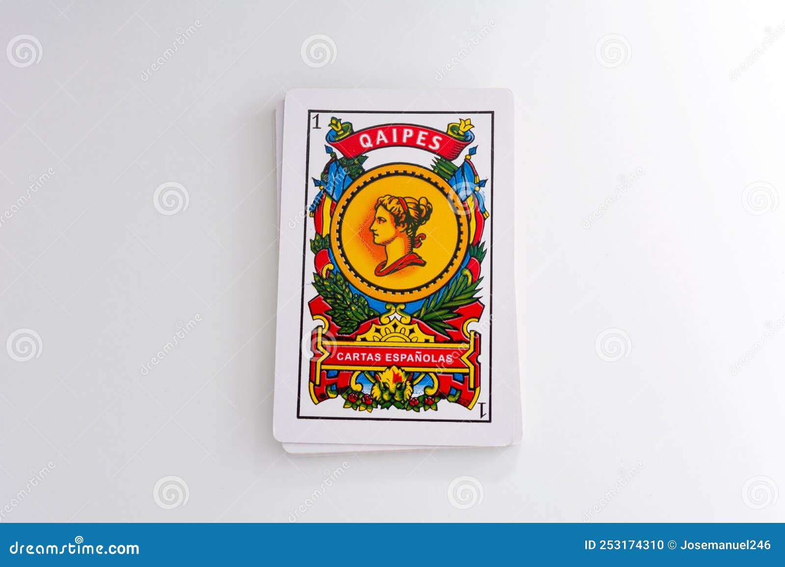 Spanish Deck Tarot Cards, the Gold Coins Card in the Foreground Stock