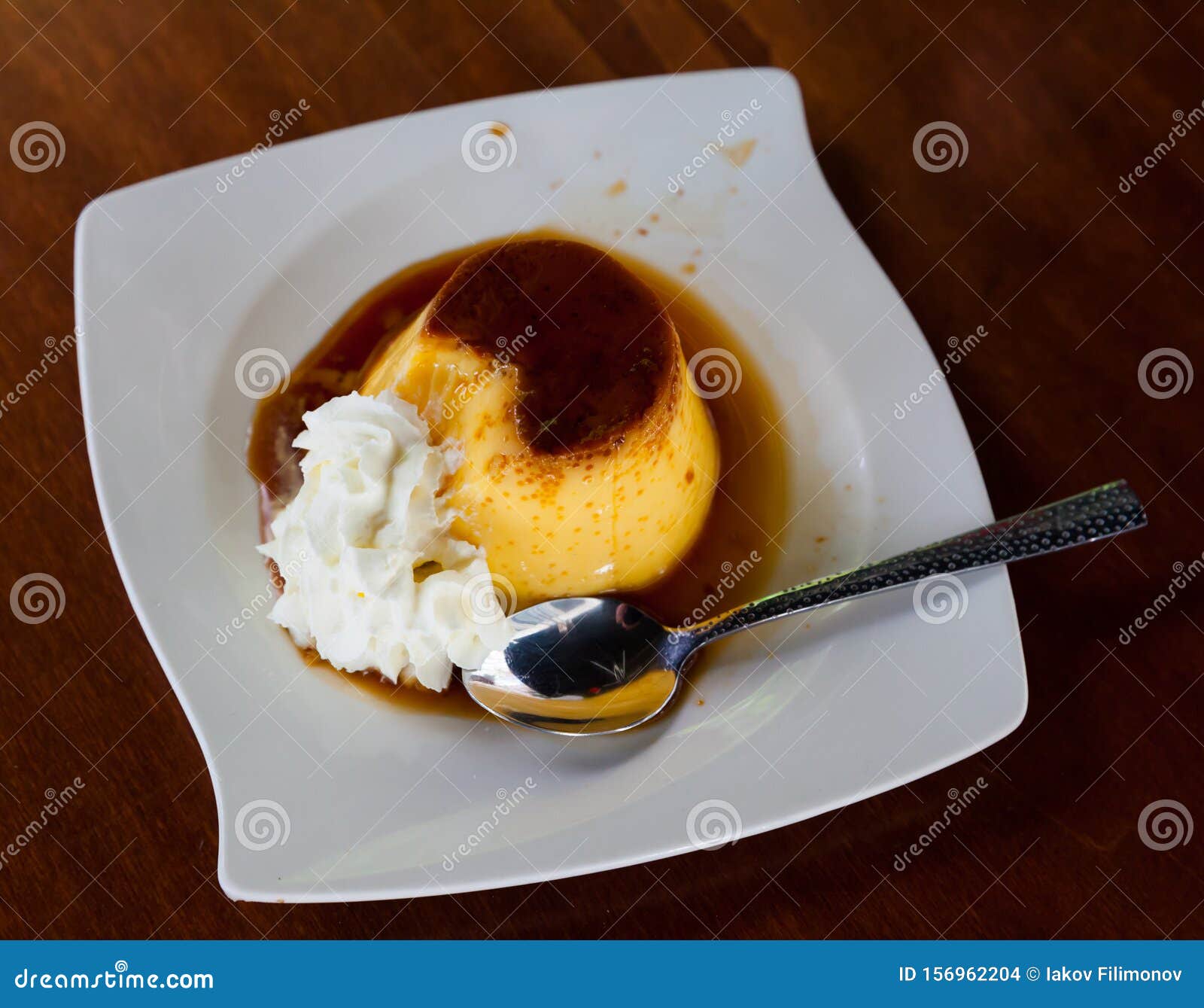 Spanish Dessert Flan with Whipped Cream Stock Photo Image of food