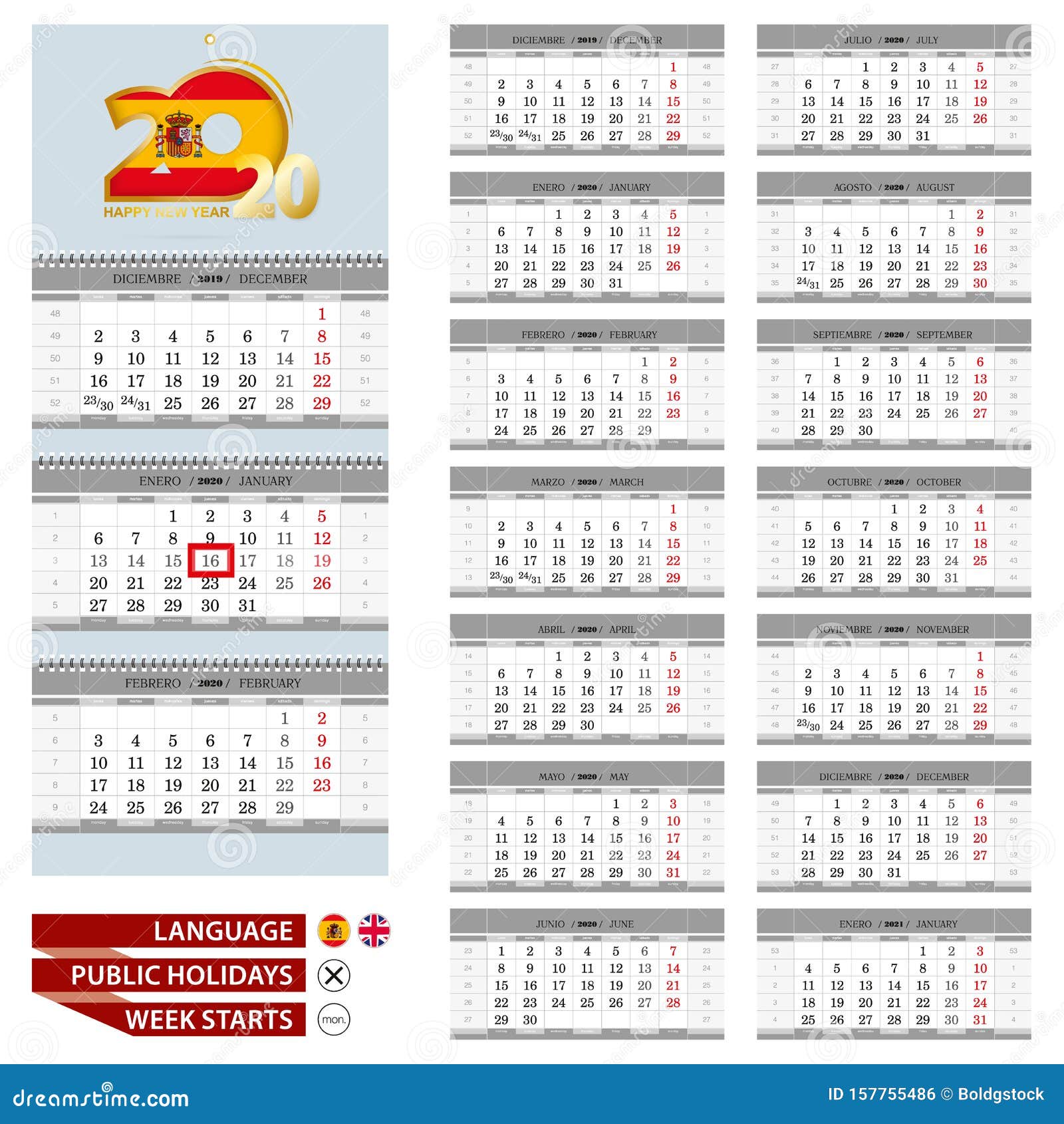 Spanish And English Language Calendar For Year Week Starts From Monday Stock Vector Illustration Of Business Month