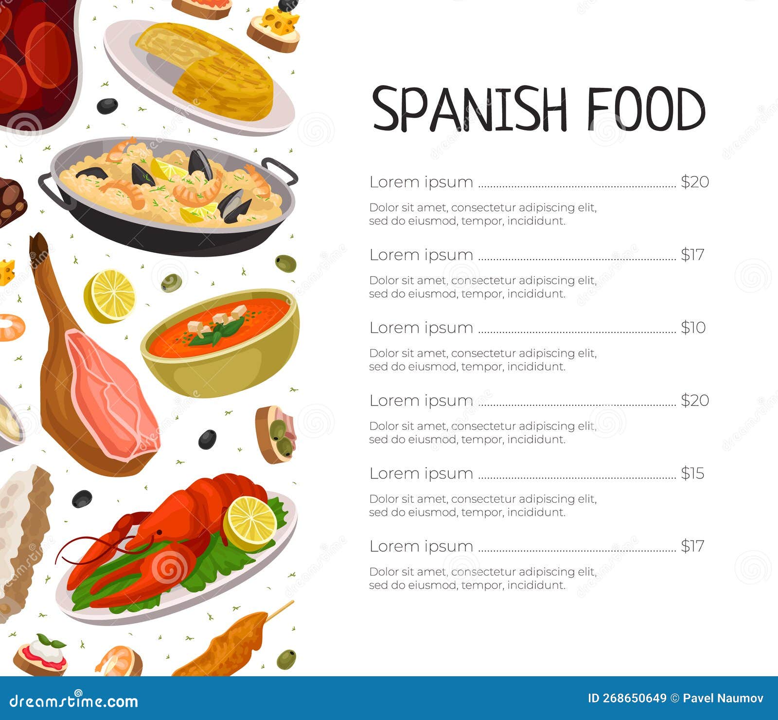 Spanish Food Menu Template Set. Delicious Traditional Dishes of Spain Spanish Food Menu Template Set. Delicious Traditional Dishes of Spain