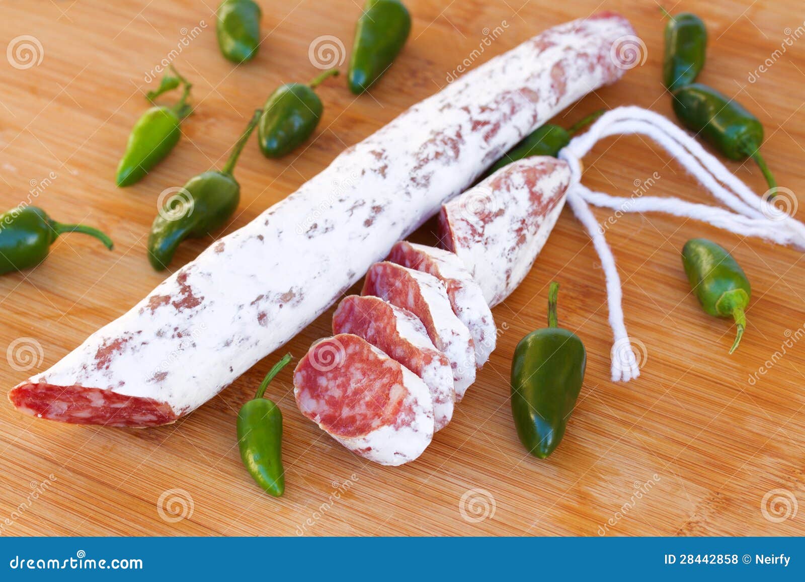 Spanish Fuet Sausages with Green Peppers Stock Photo Image of inlaid