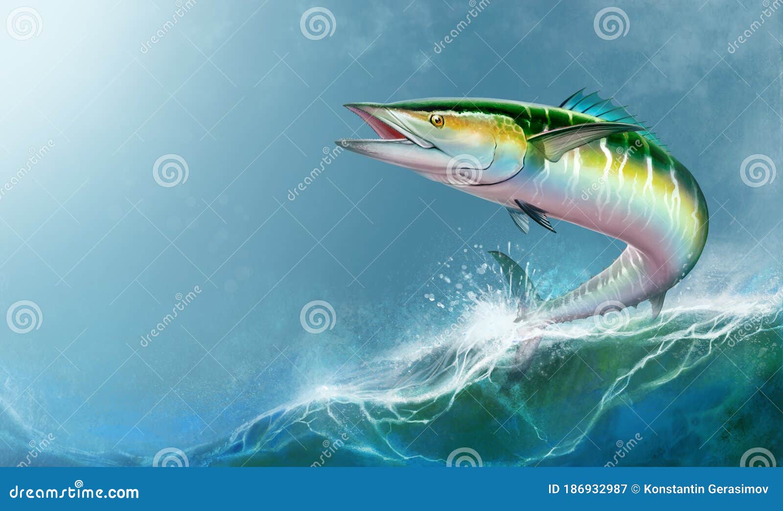 spanish mackerel wahoo green fish big fish on white realistic 