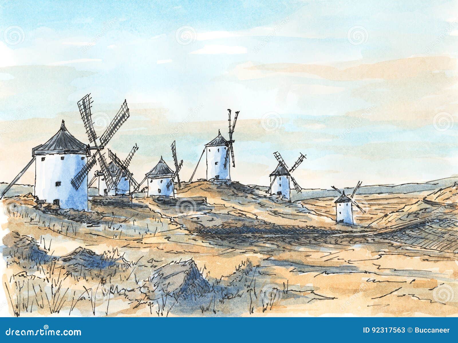 spanish old-fashioned windmills in consuegra, castile