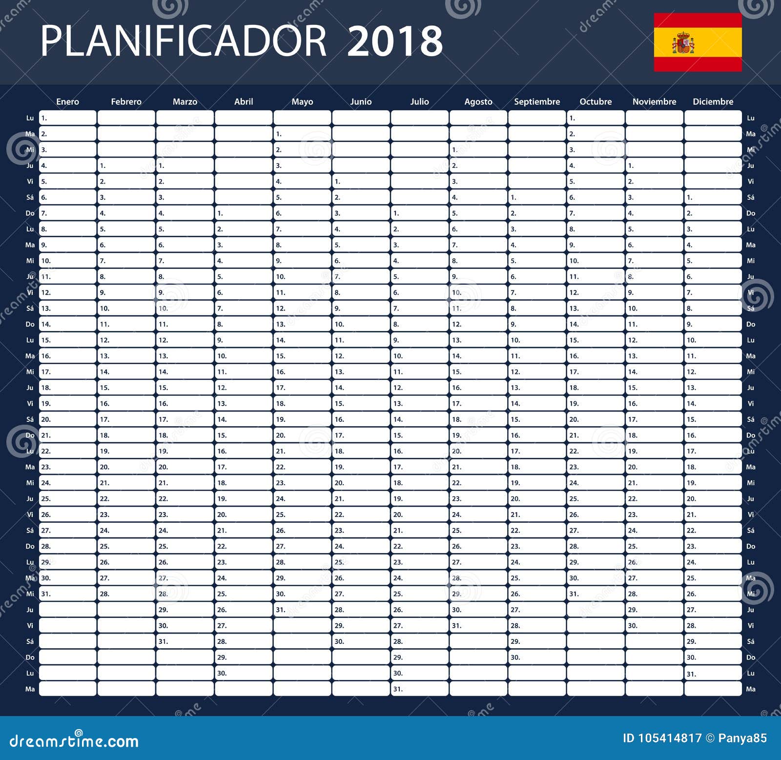 Spanish Planner Blank for 2018. Scheduler, Agenda or Diary Template