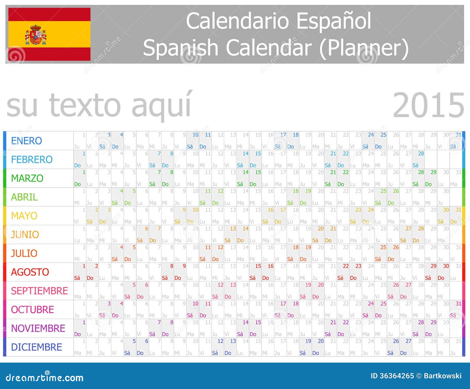 2015 Spanish Planner2 Calendar with Horizontal Months Stock Vector