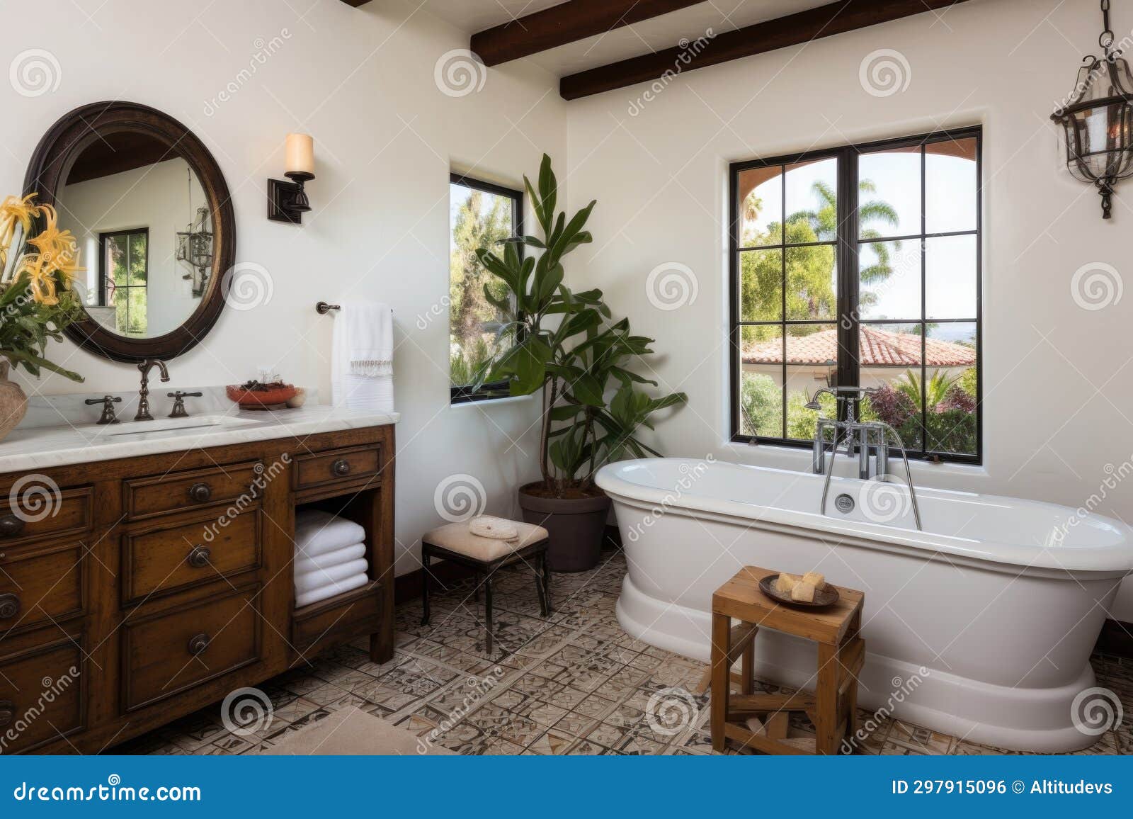 Spanish Revival Bathroom with Tiled Vanity and Bathtub Stock Photo