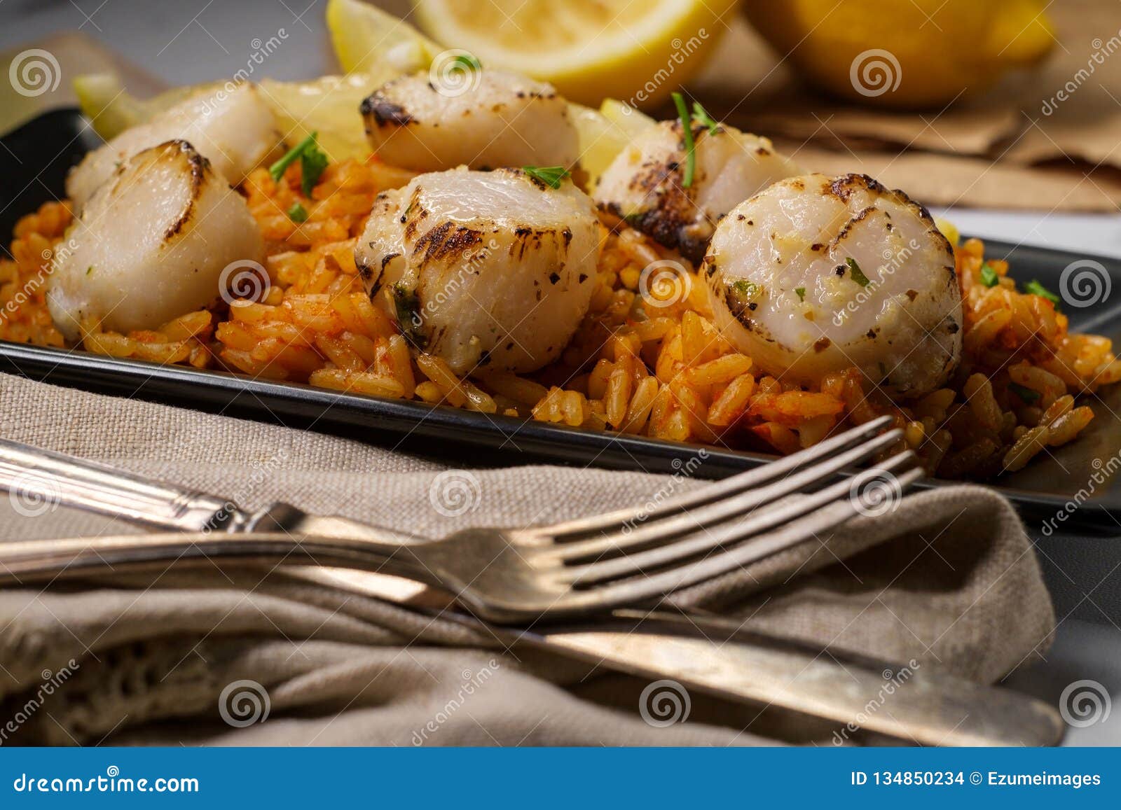 Spanish Rice Lemon Scallops Stock Photo Image of lemon, italian