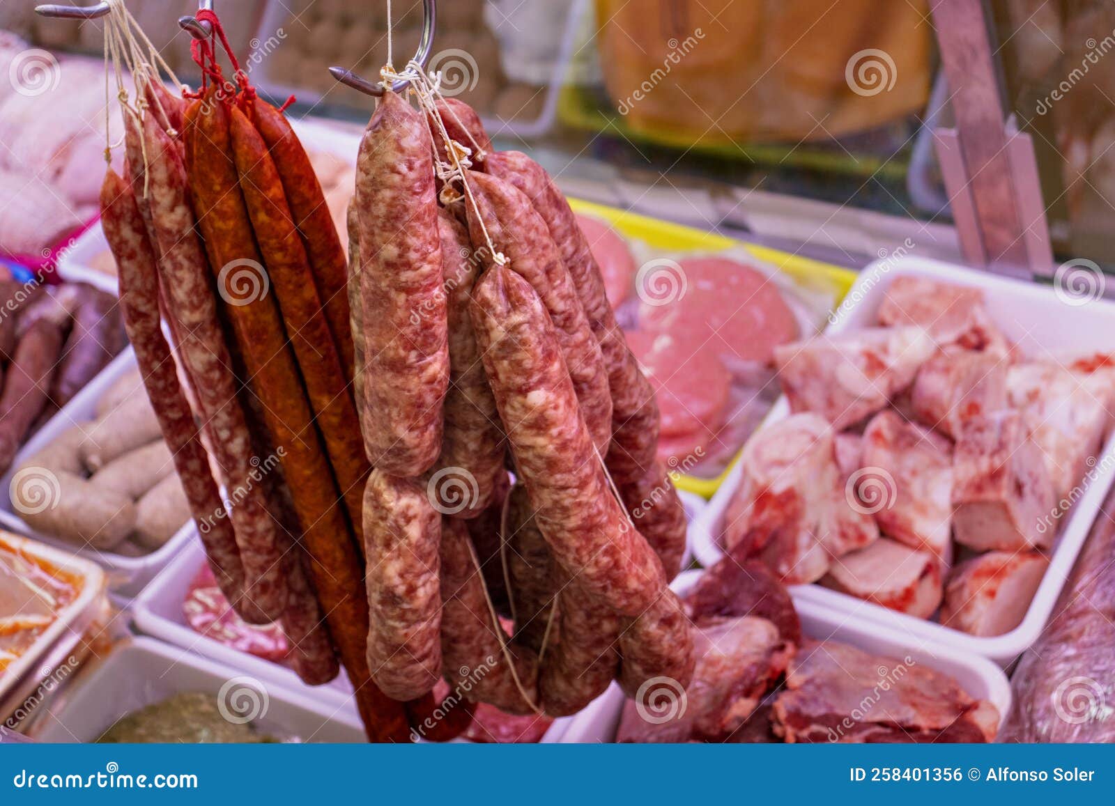 Spanish Sausages and Chorizos. Butchery Work Stock Photo Image of