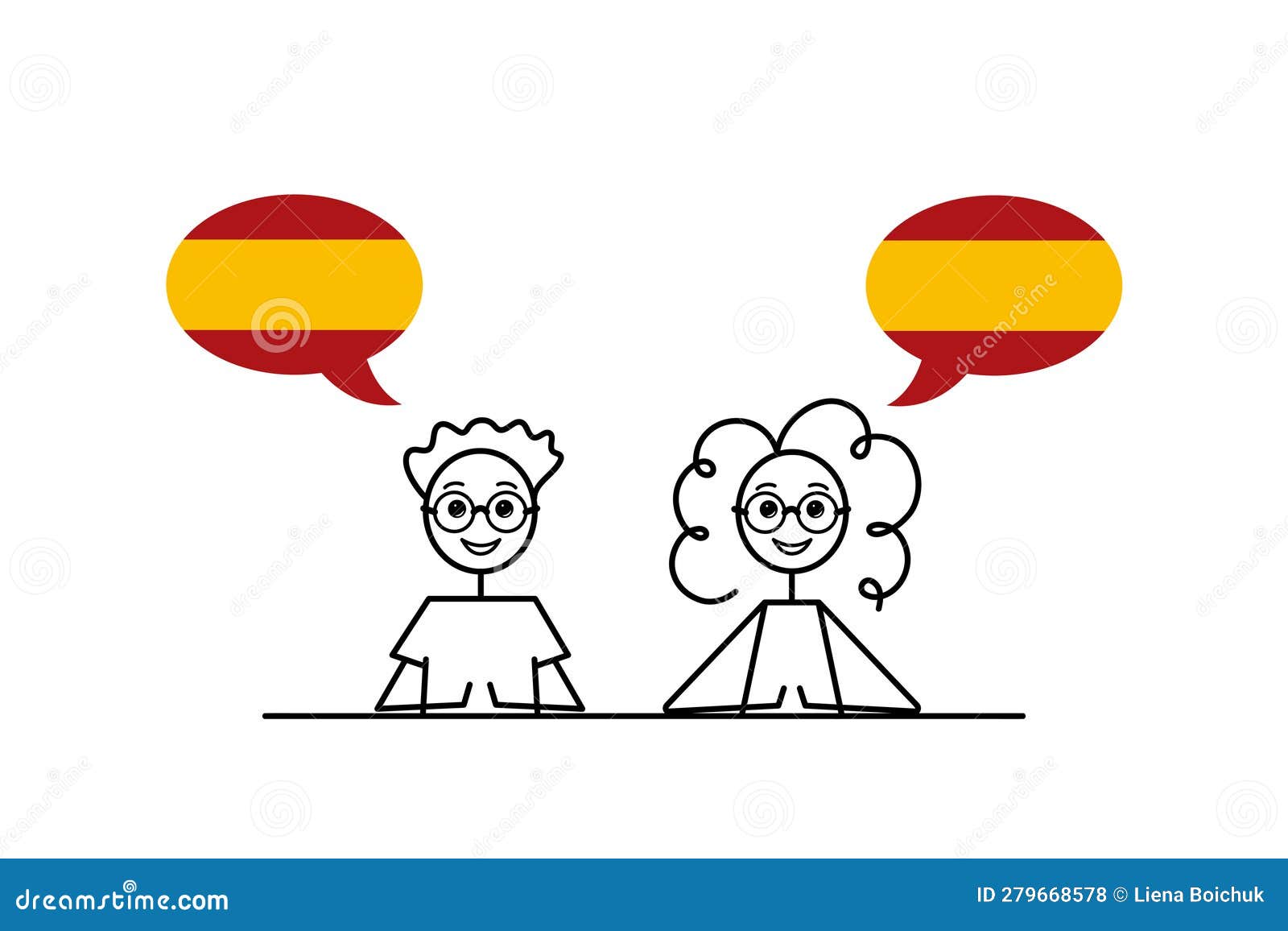 spanish speakers, cartoon boy and girl with speech bubbles in spain flag colors, learning spanish language 
