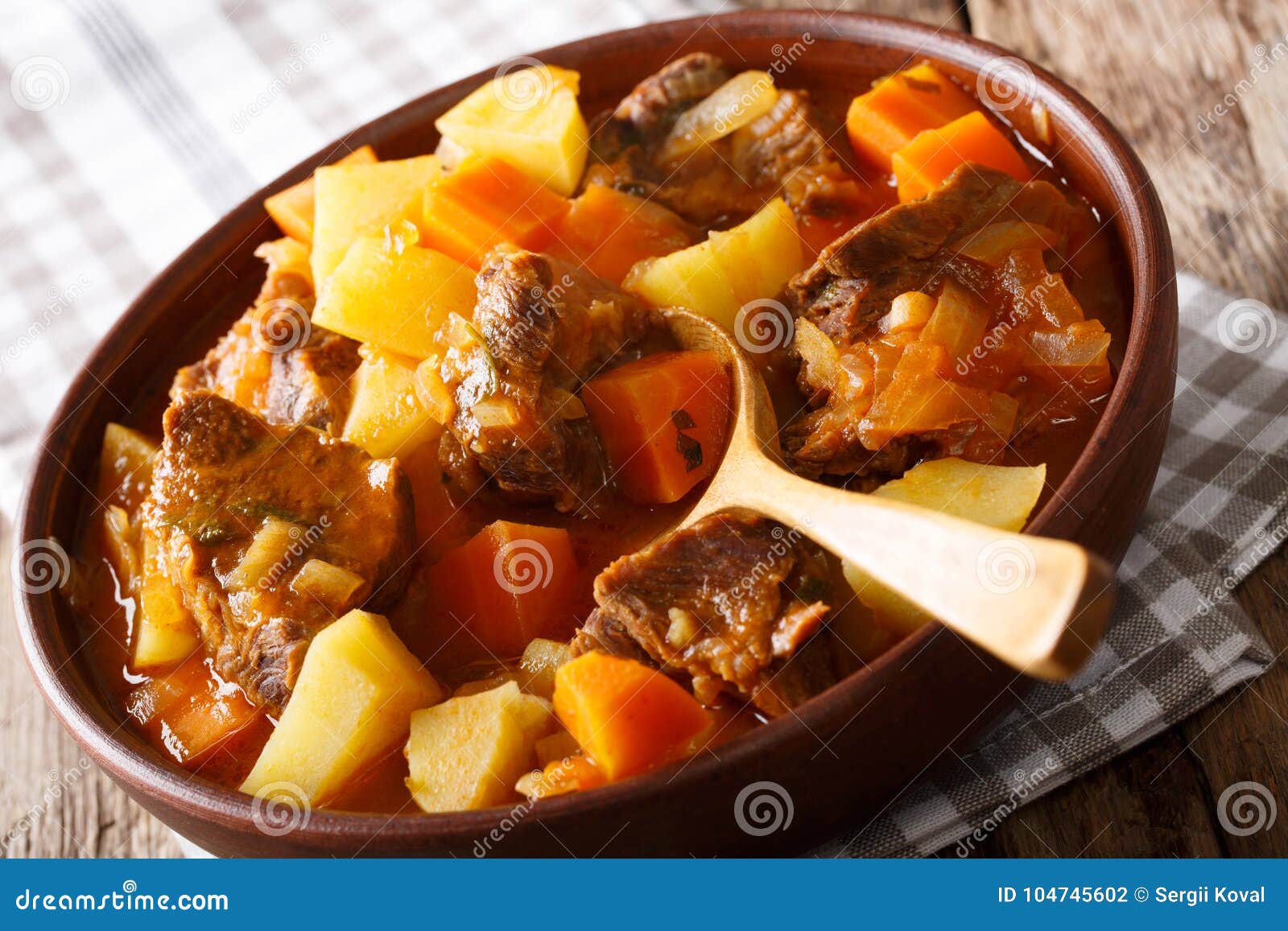 spanish stew estofado with beef and vegetables in a bowl close-up. horizontal