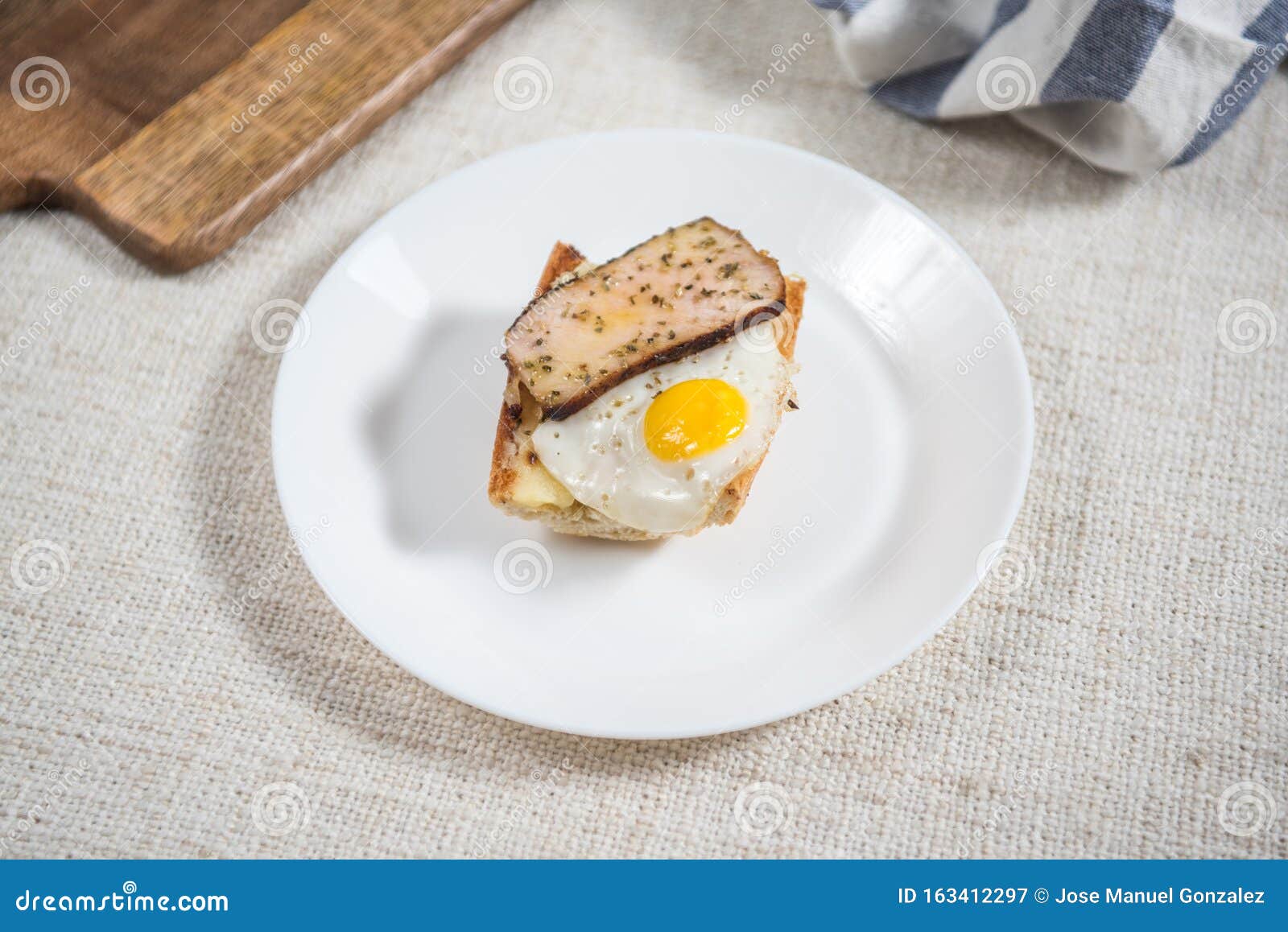 Spanish Tapa with Egg, Pork Tenderloin and Bread Stock Image Image of