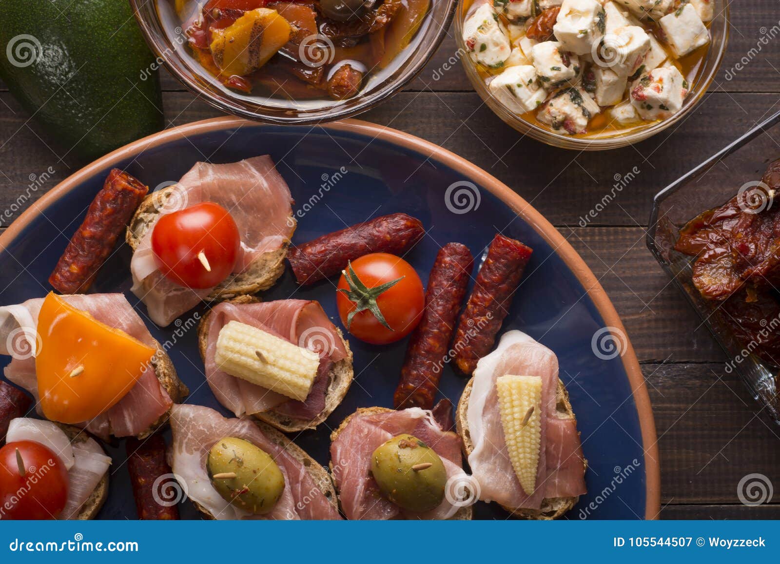 Spanish tapas on table stock image. Image of meat, shrimps 105544507