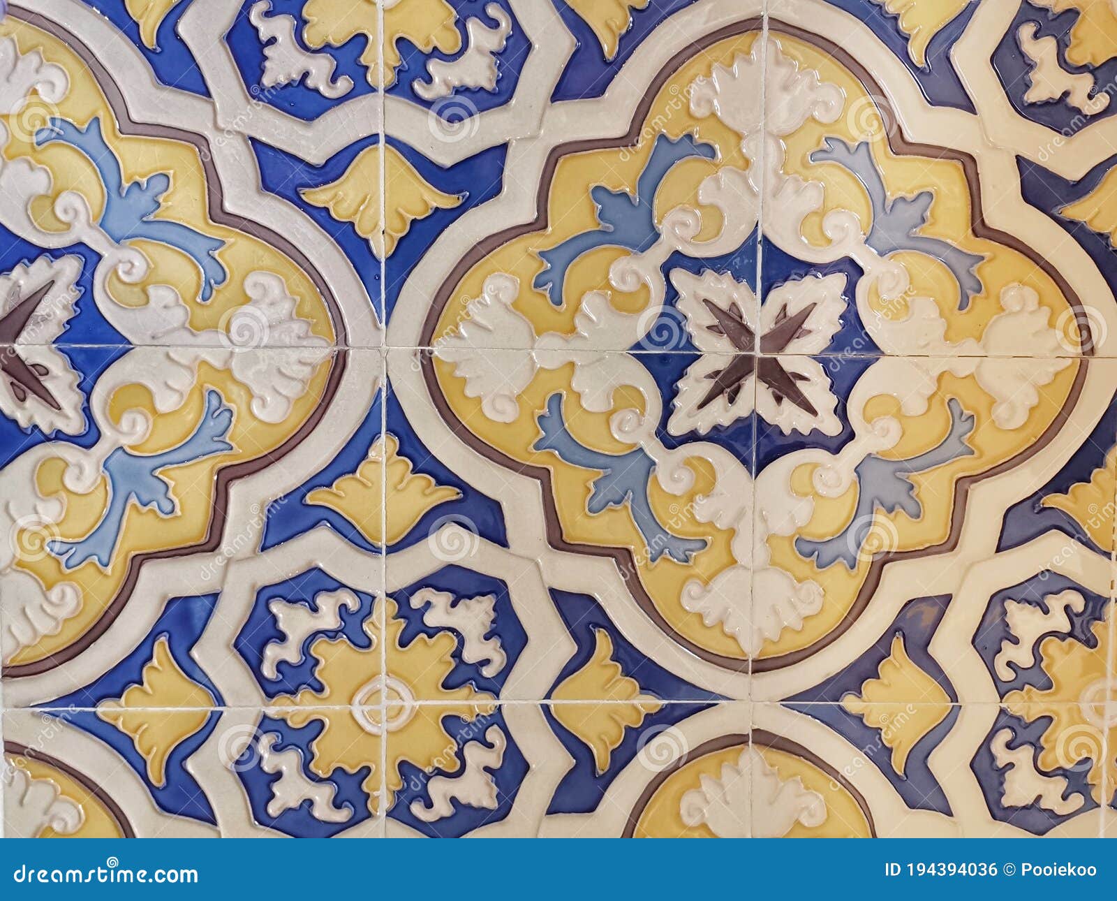 Spanish Tile on Wall, Blue and Yellow Pattern Tile Stock Photo Image