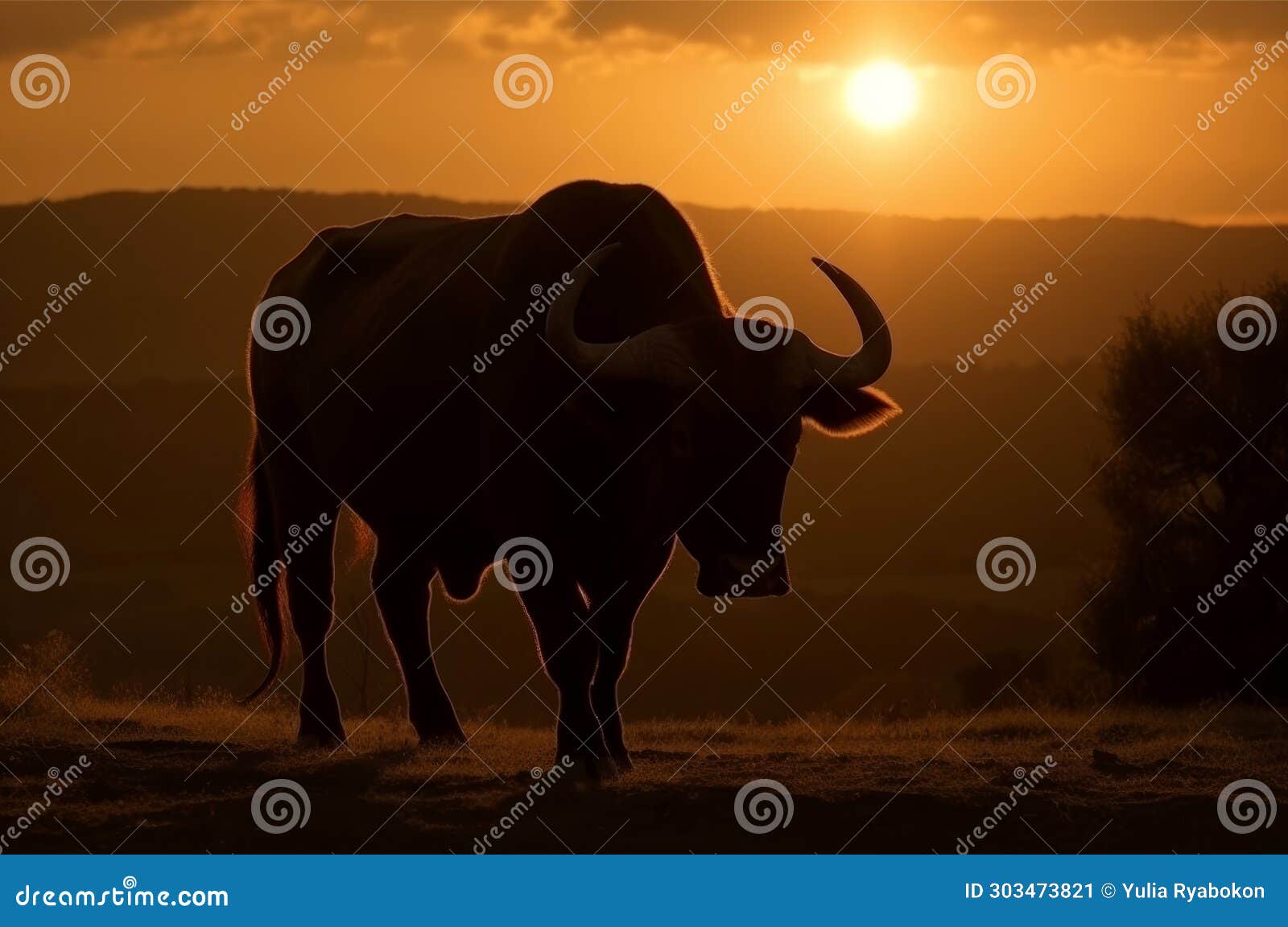 spanish toro bull on field with scenic sunset view. generate ai