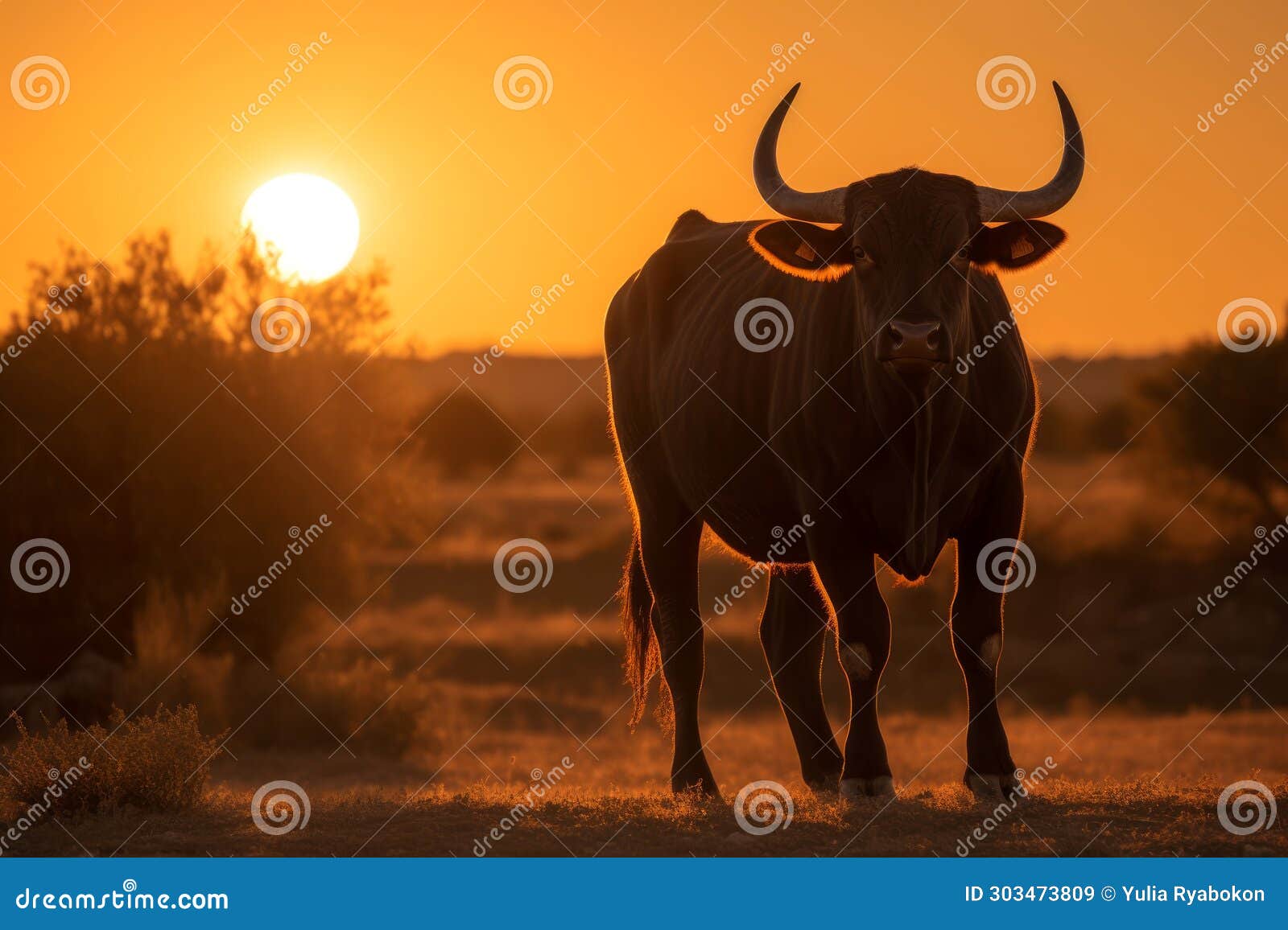 spanish toro bull on sunset view. generate ai