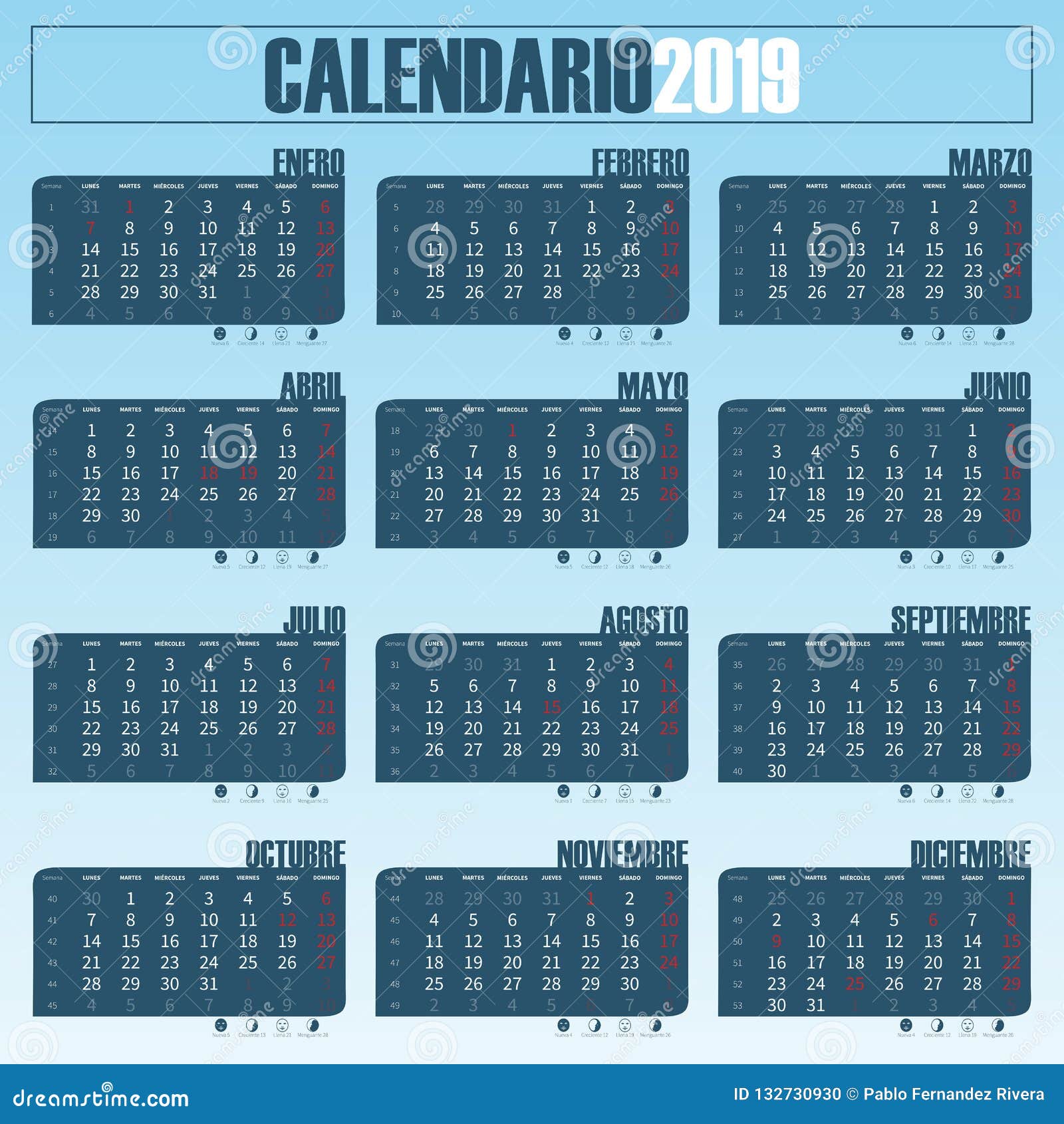 Spanish 2019 Calendar stock vector. Illustration of event 132730930