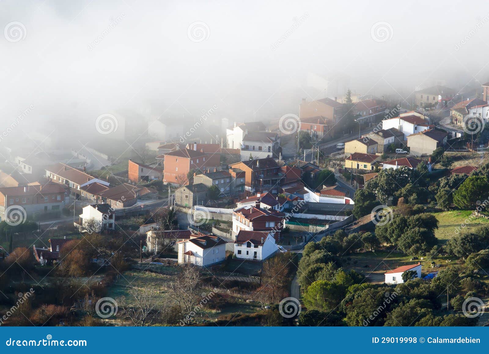 Spanish Village in the Mist Stock Photo Image of hill, tree 29019998