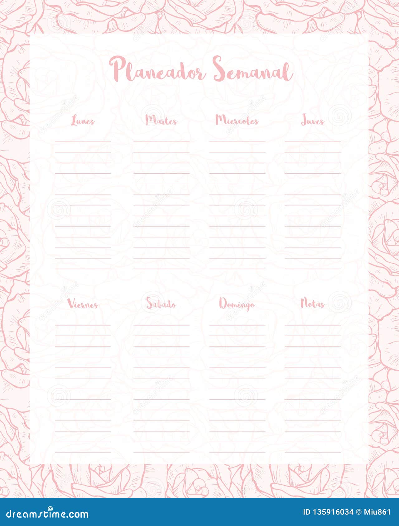 Spanish Weekly Planner - Planeador Semanal. Elegant Floral Motif. Stock Vector Illustration of notepad, note: 135916034