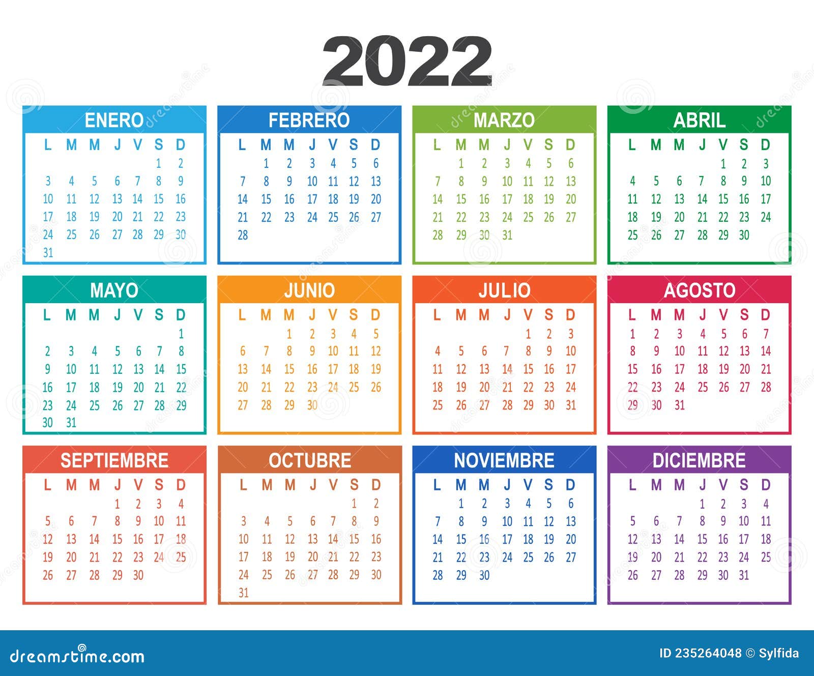 spanish 2022 year calendar. week starts on lunes monday. 