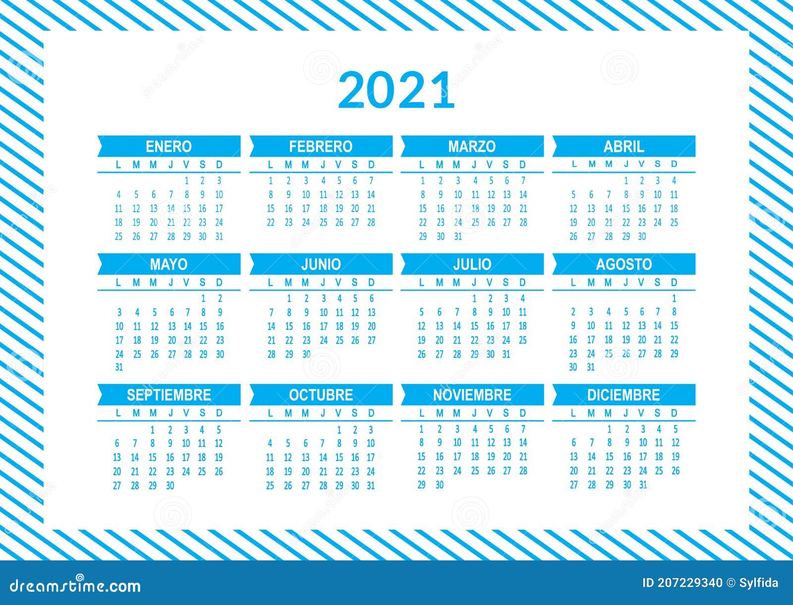 spanish 2021 year  calendar. week starts on lunes monday