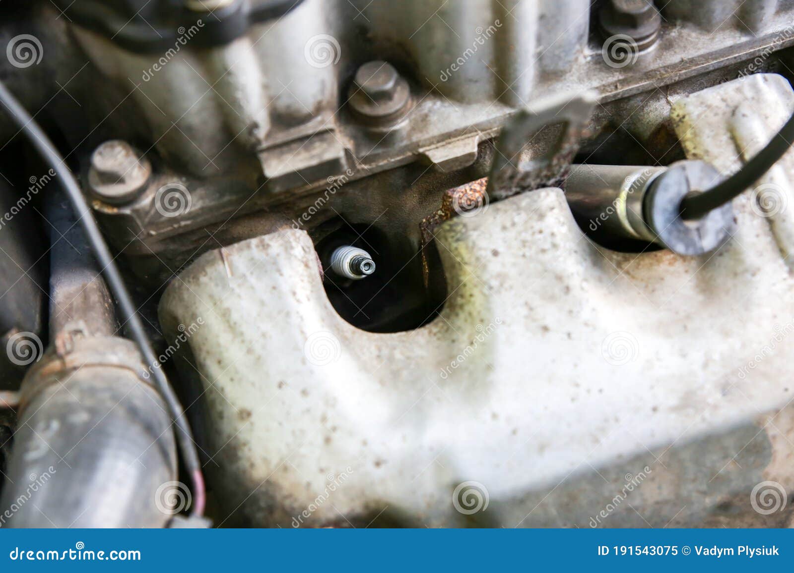 Spark Plug in Old Car Engine. Inner Details of Machine Stock Image