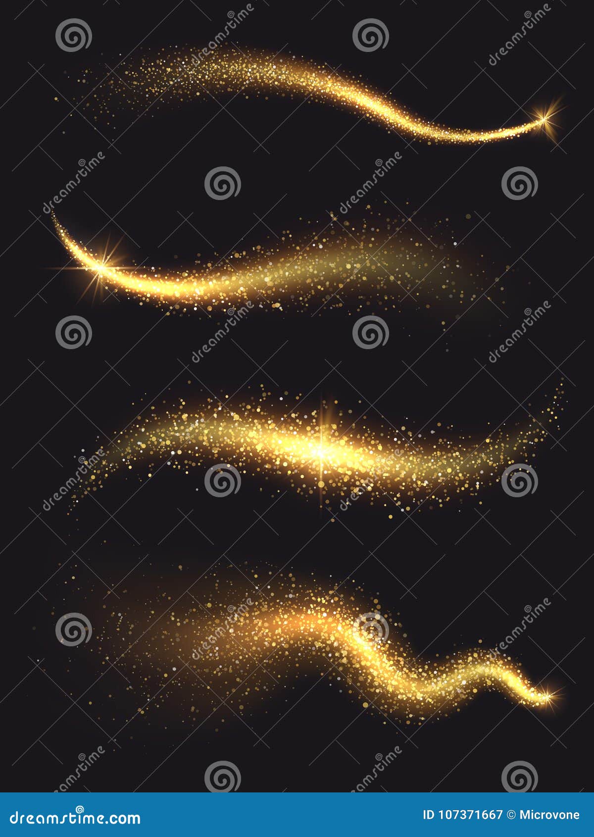 sparkle stardust. golden glittering magic  waves with gold particles collection