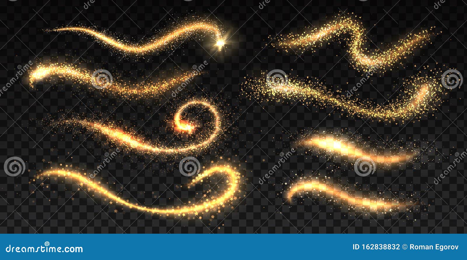 sparkle stardust. magic glittering dust waves, golden glowing star trails, christmas shining light effects. 