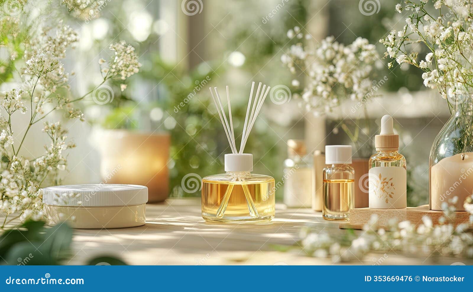 a sparkling display of essential oils and diffusers with spring
