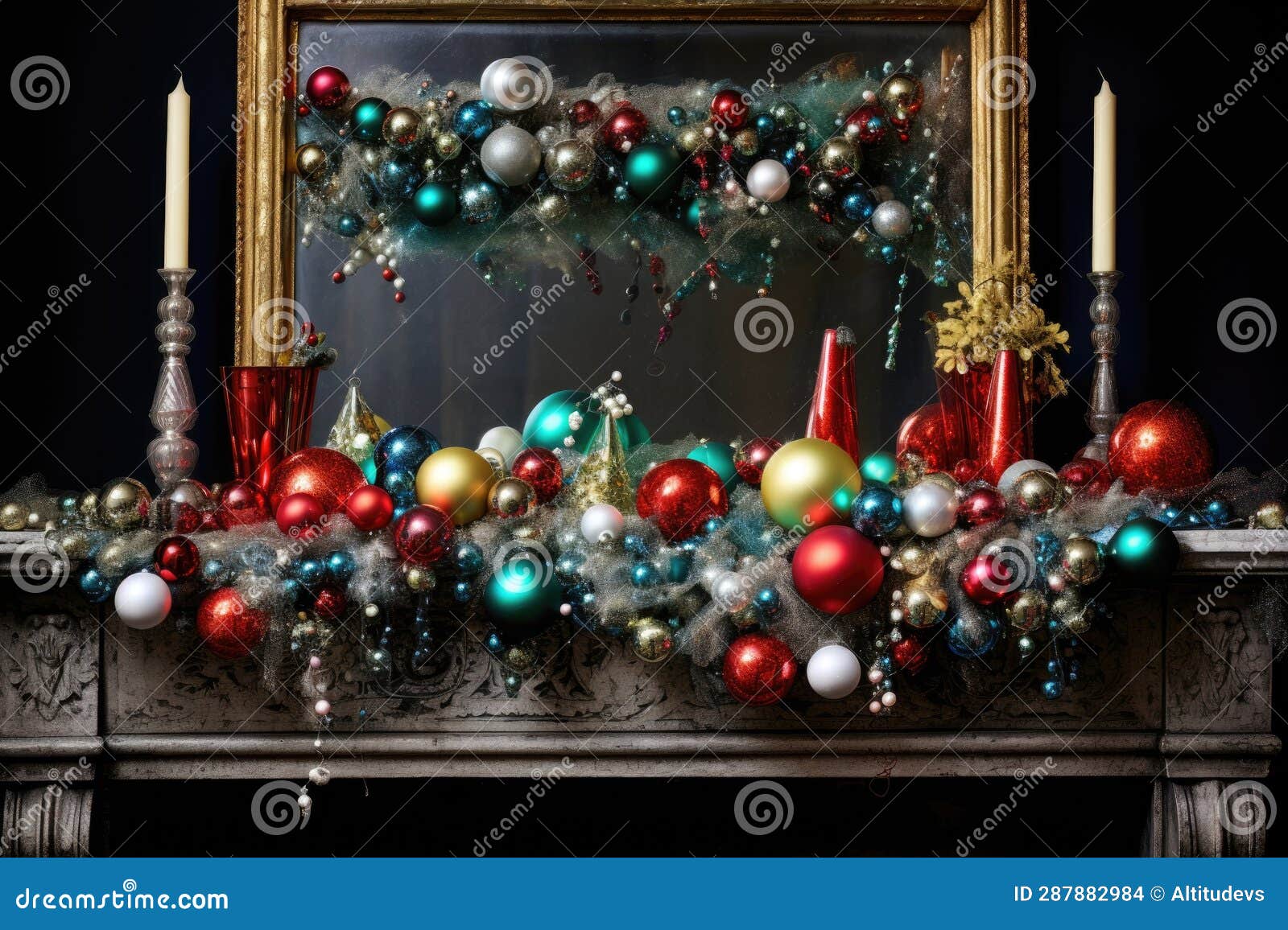 Sparkling Tinsel and Baubles on a Mantelpiece Stock Illustration