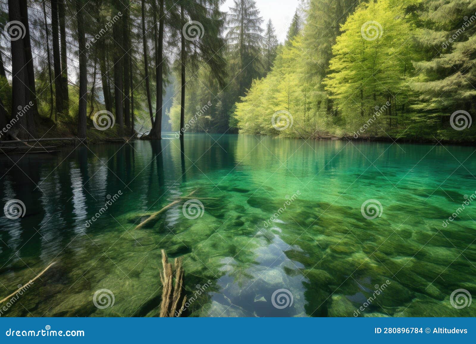 Sparkling Waters of a Lake, Surrounded by Towering Trees Stock Photo