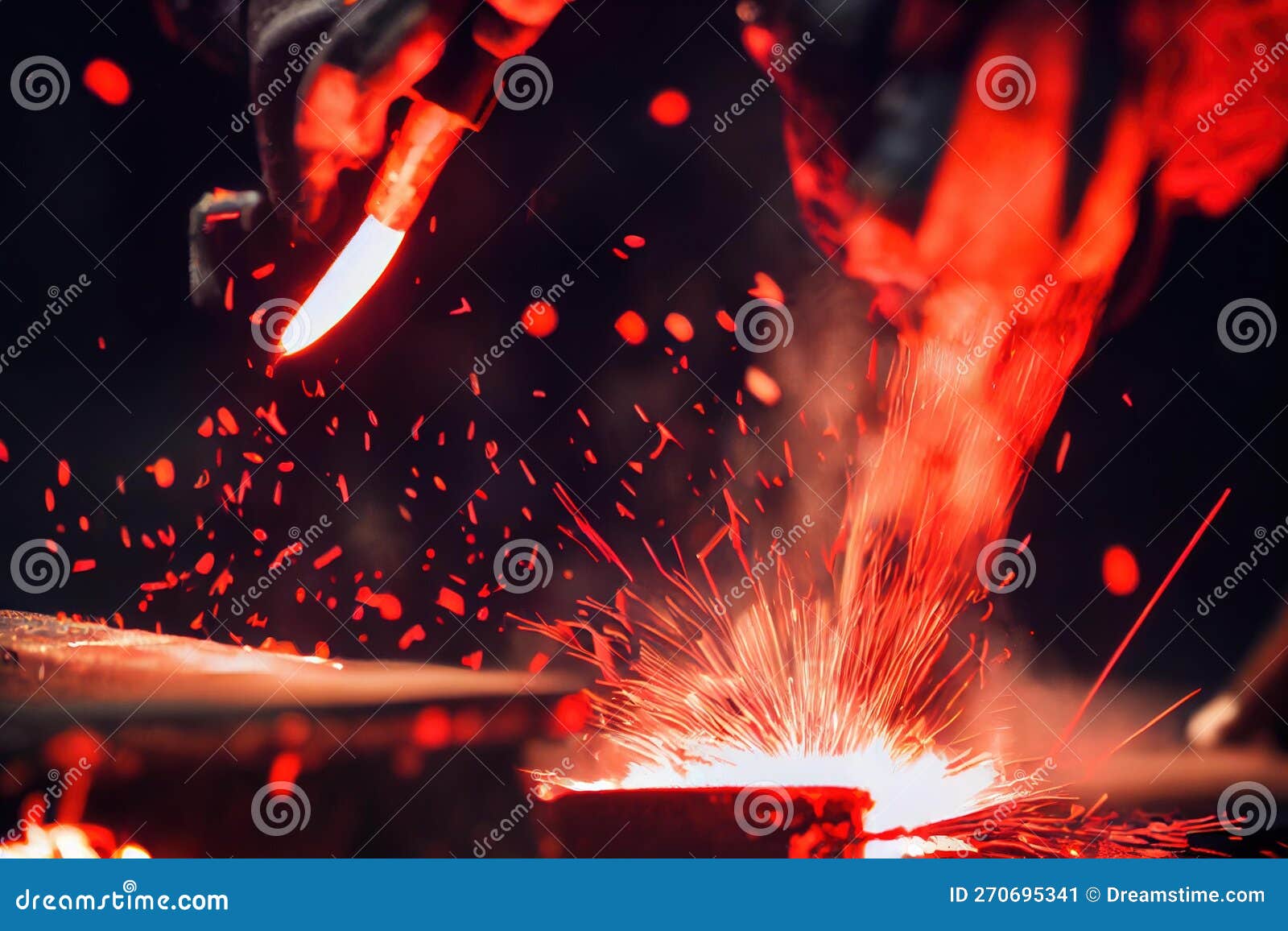 Sparks Flying from Fire during Processing of Hot Metal on Anvil. Stock