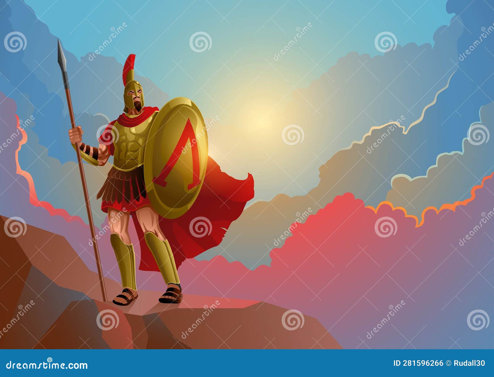 Spartan Warrior Wearing Armor and Red Cloak on the Rock with Dramatic ...