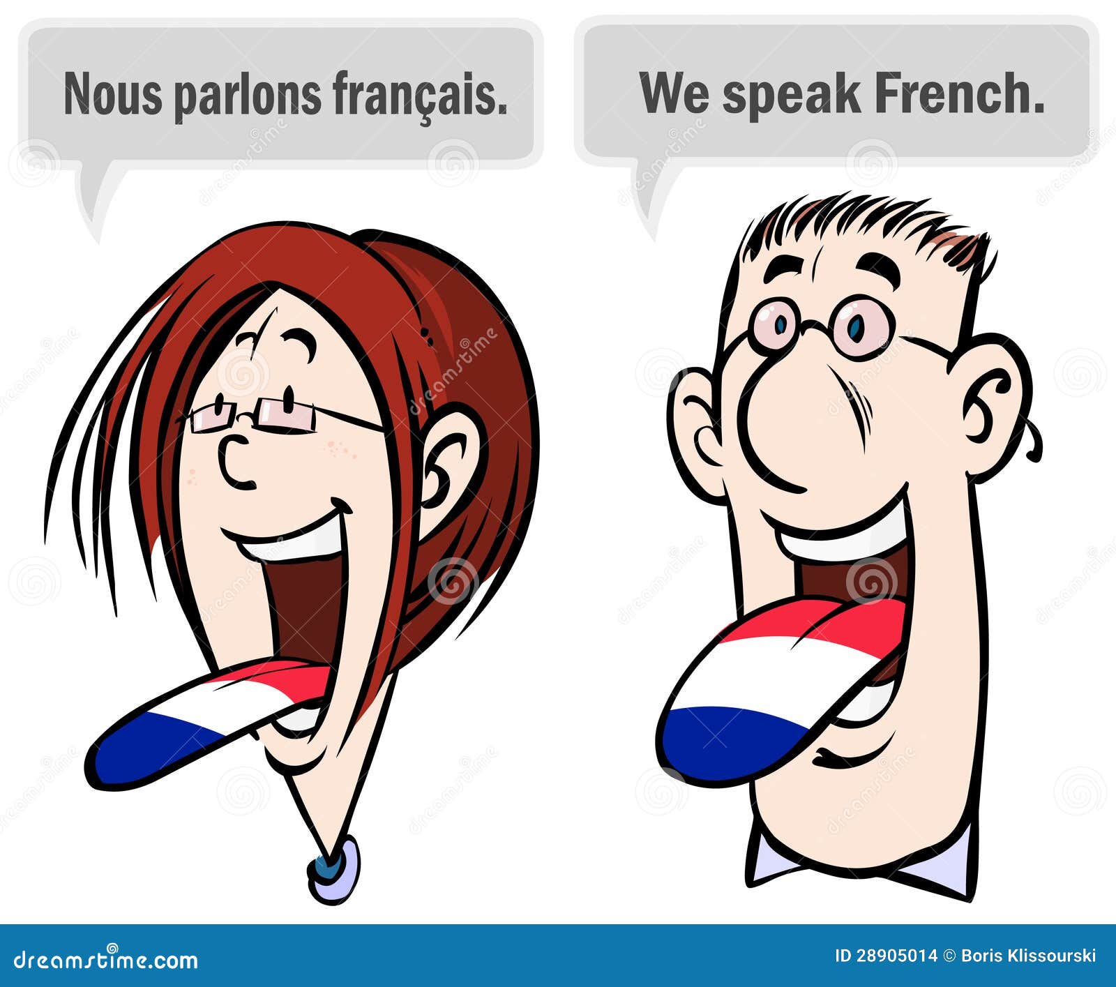 Cartoon illustration of a woman and man speaking French.