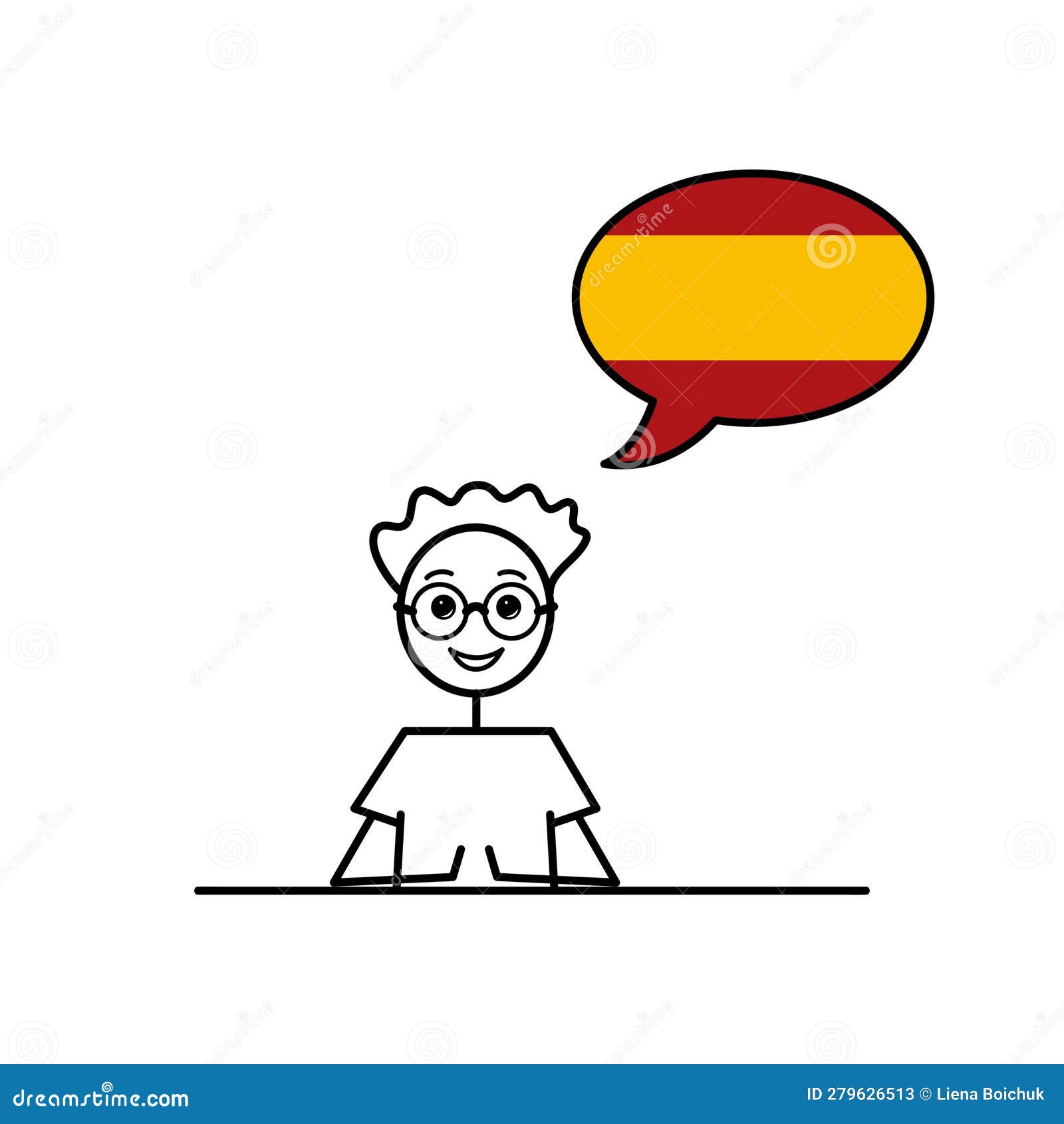 speak spanish, cartoon boy with speech bubble in flag of spain colors, male character learning castilian language 