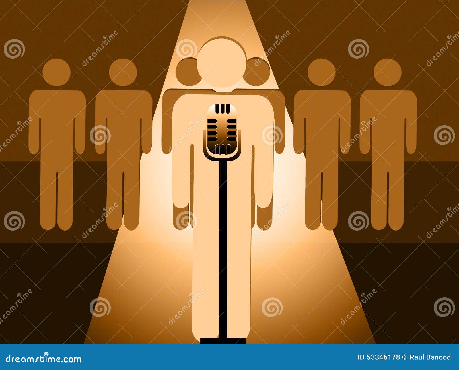 Speaker or Performer on the Spotlight Behind a Microphone Stock