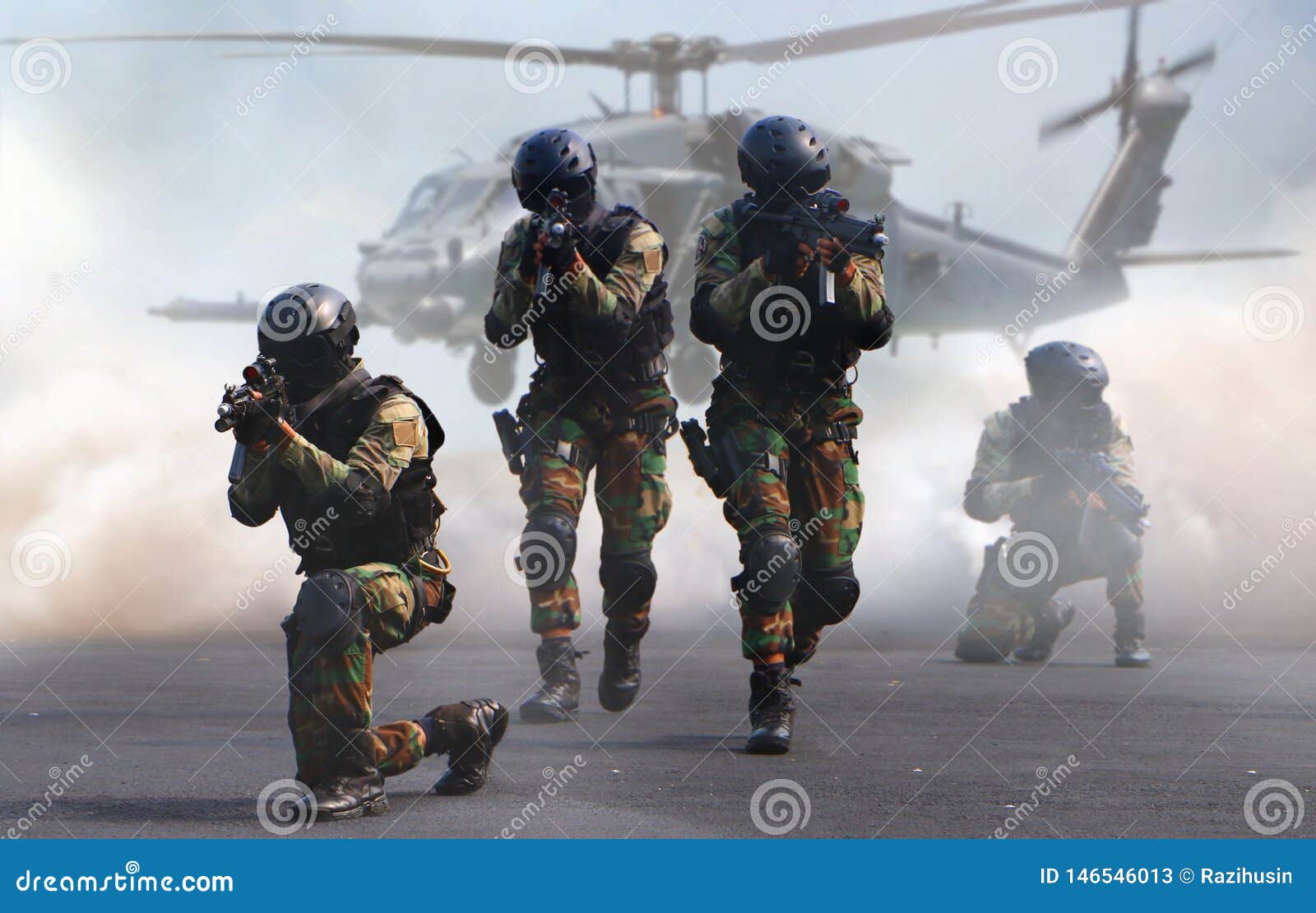 special force assault team in a mission with helicopter