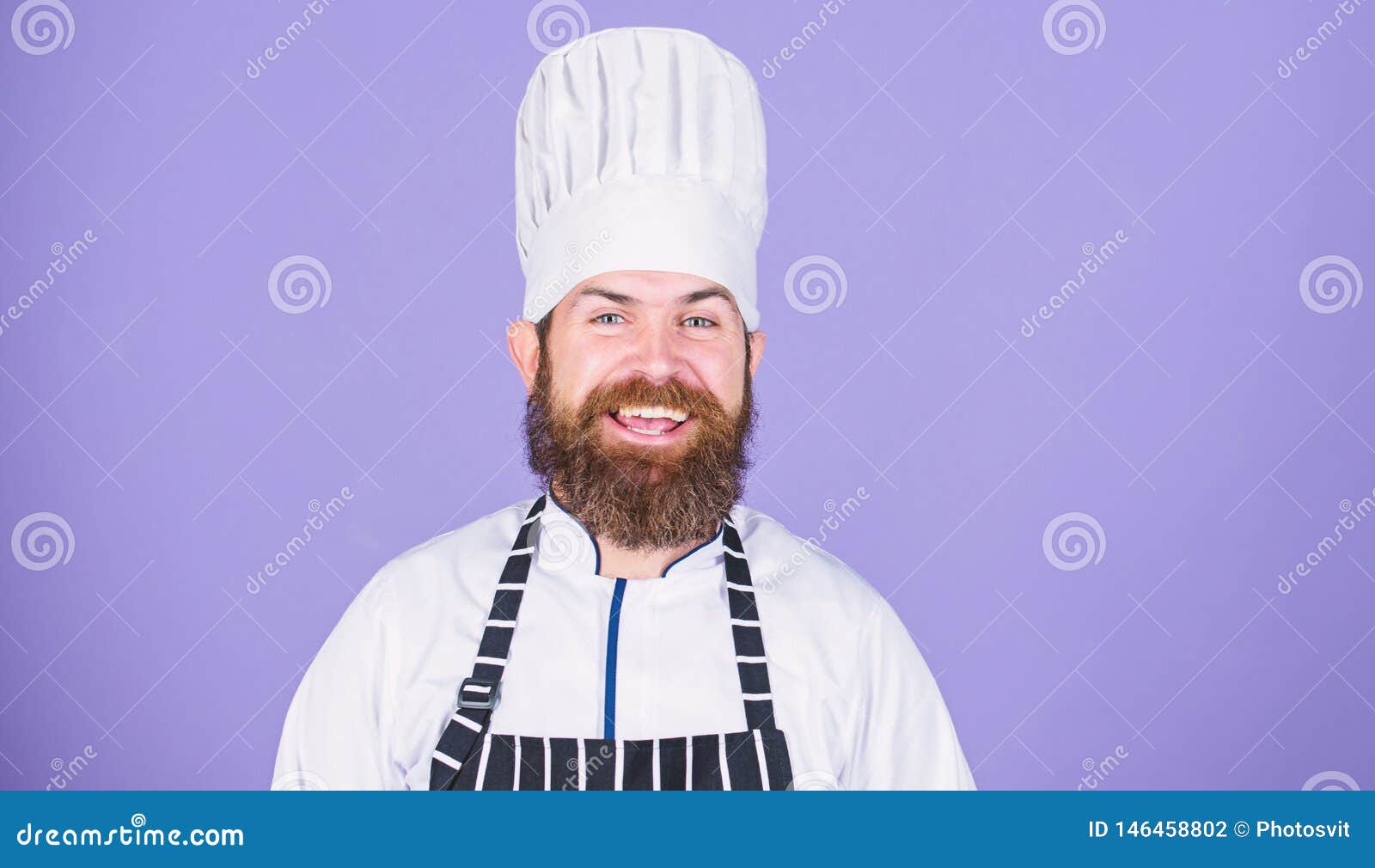 Confident In His Culinary Craft Cook With Beard And Mustache Wearing Apron Red Background Man 