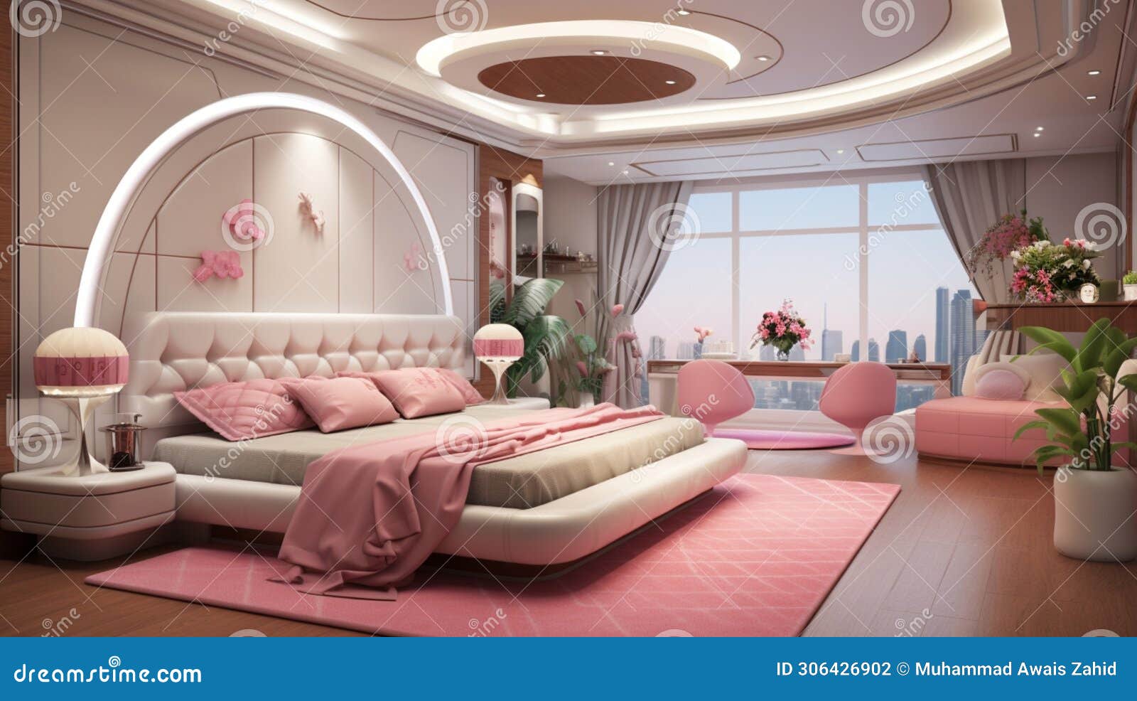 a special well detailed bedroom with pink collections, sofa set, roof, sealing,