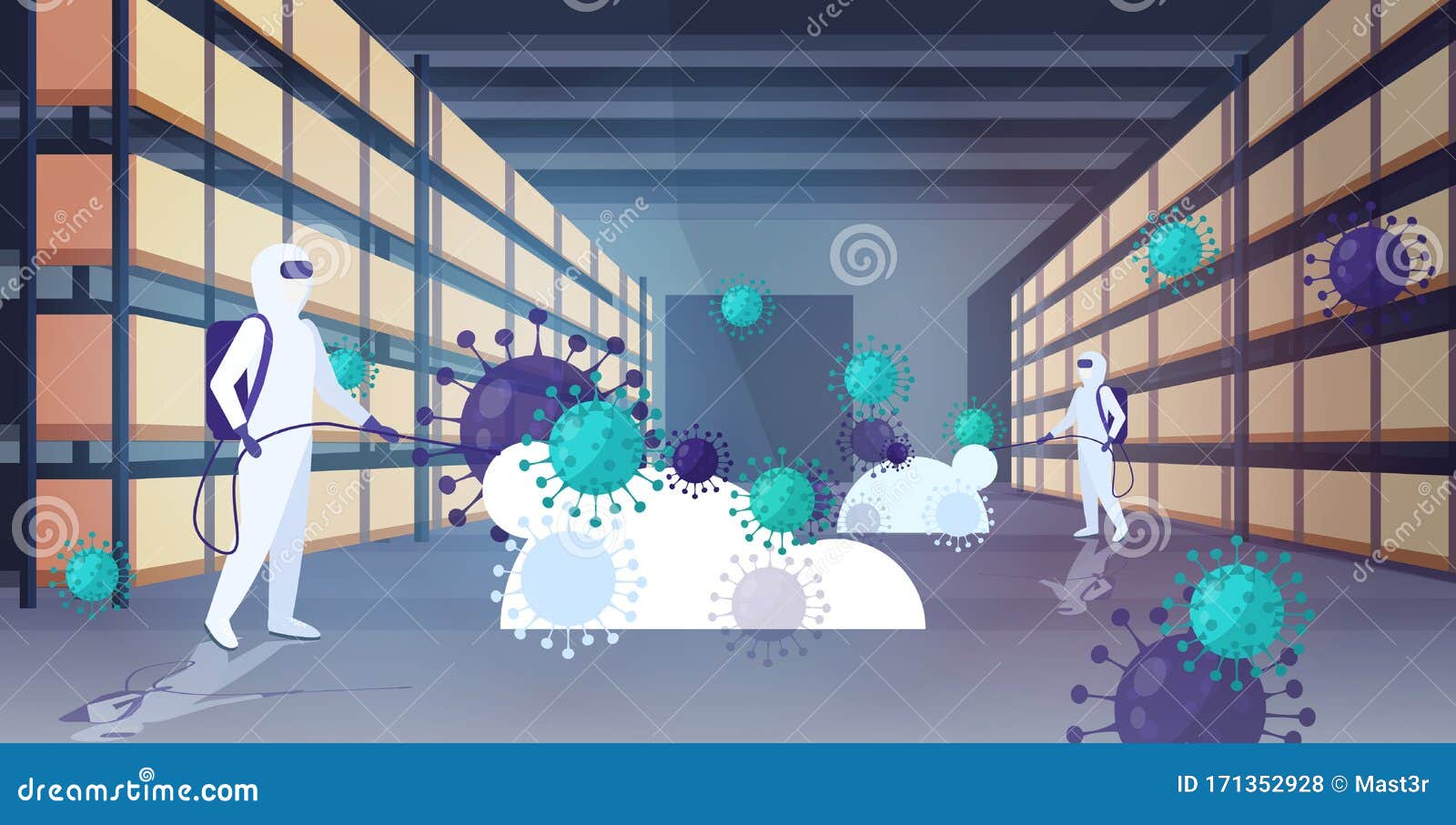 specialists in hazmat suits cleaning disinfecting coronavirus cells epidemic mers-cov warehouse interior wuhan 2019-ncov
