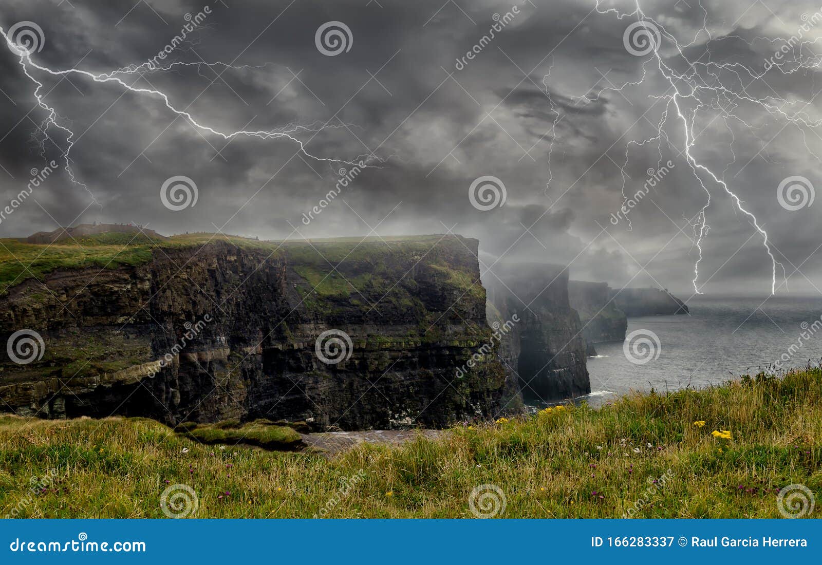 spectacular lightning storm in cliffs of moher. ireland`s coast
