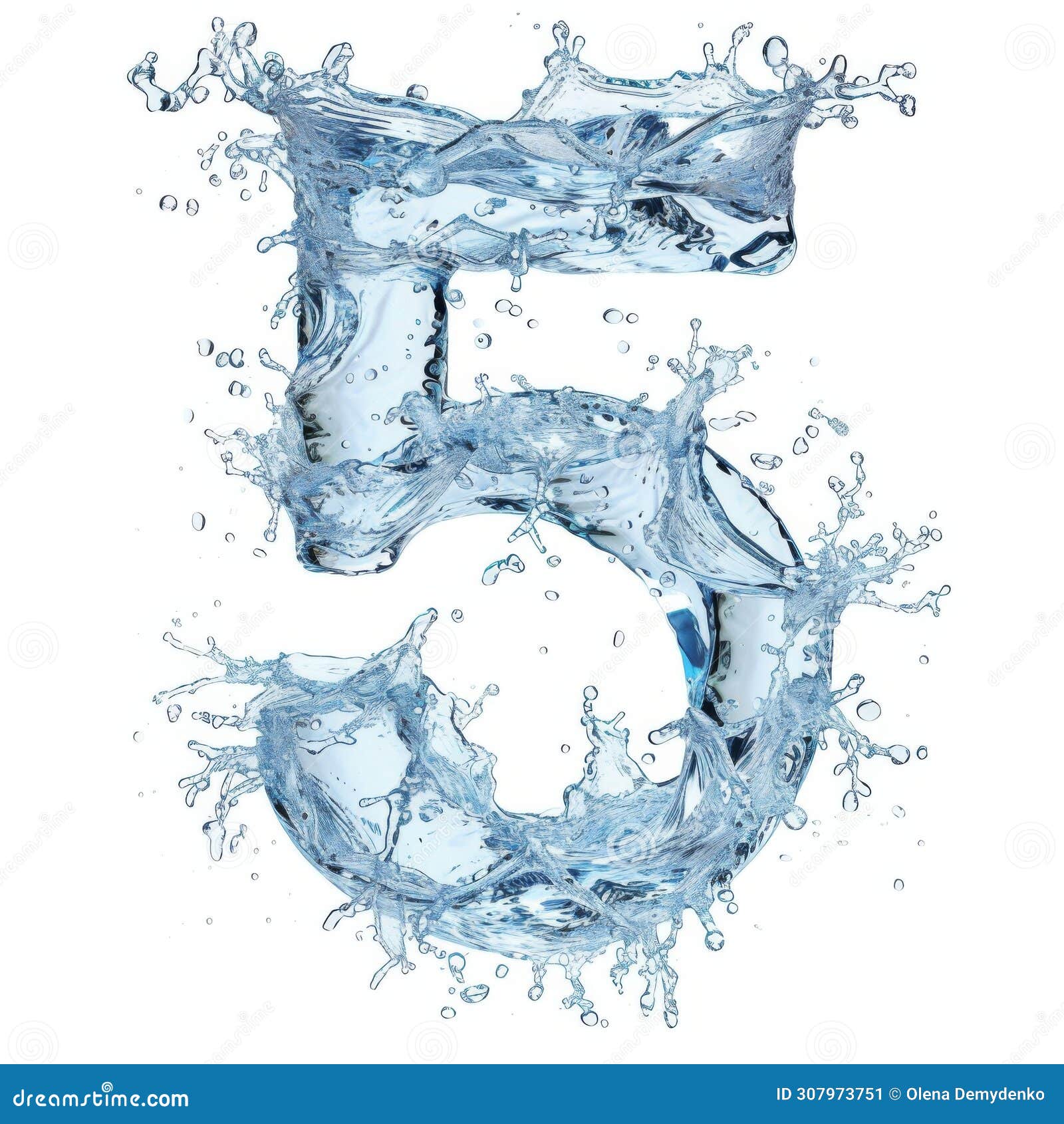 spectacular number five and a splash of clear water. digital close-up on white background in water spray. number 5 made
